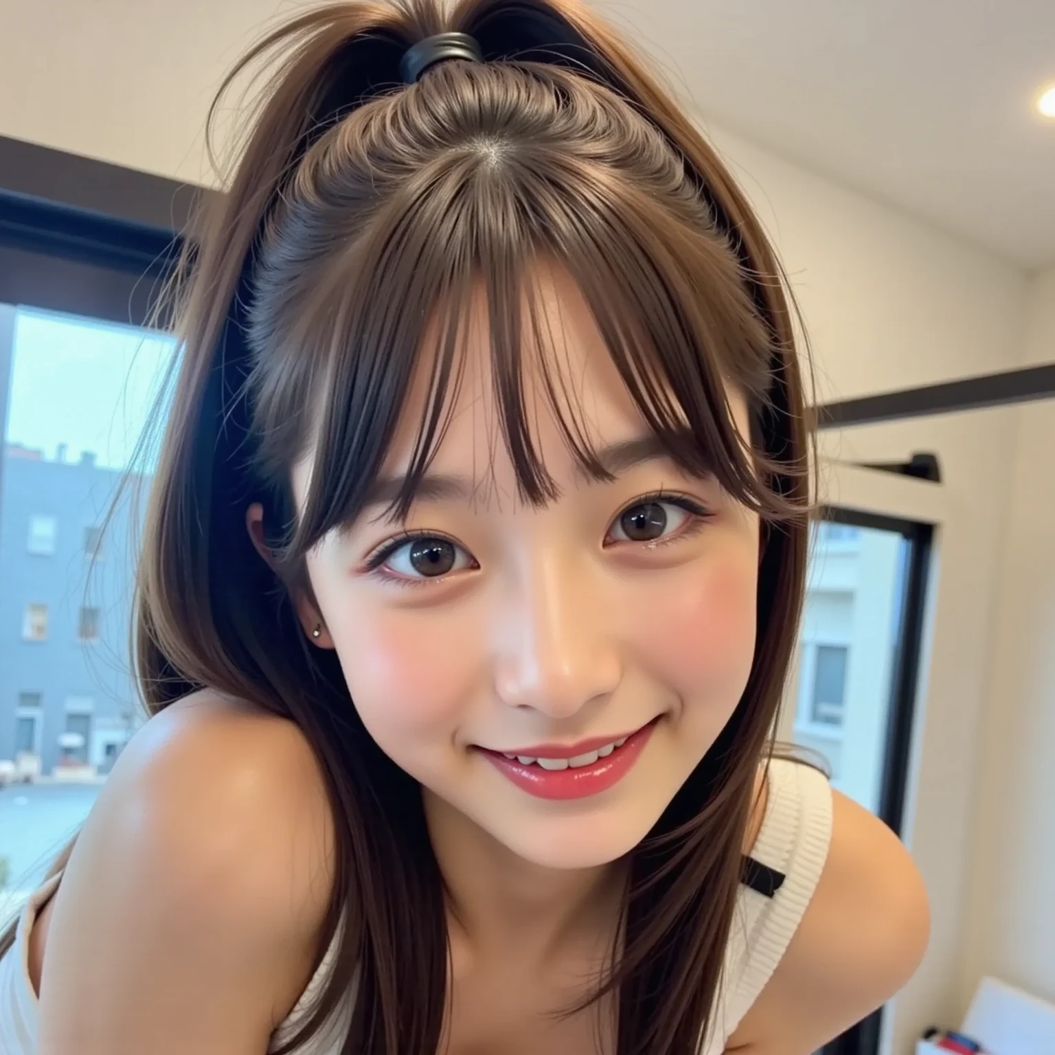 1 girl, happy, smiling, (indoor: 1.2), (shirt: 1.2)), RAW photos, (photorealistic: 1.37, realistic), high-definition CG integrated 8K wallpaper, viewer's eye view, (((when viewed from the front)))), (HQ skin: 1.8, glossy skin), 8k UHD, DSLR, soft lighting, high quality, film grain, fujifilm XT3, ((upper body: 1.6)), (professional writing: 1.6)