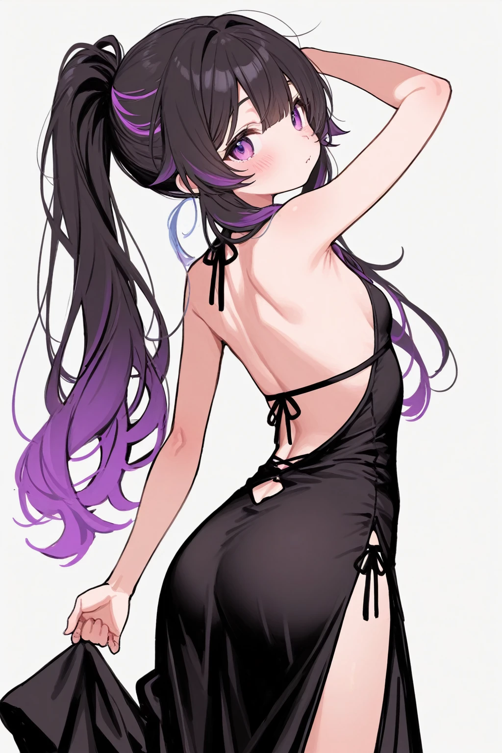 (nsfw, semi exposed body) 1 adult anime girl, standing alone, gazing at viewer, black tail, strong purple eyes, sitting down, breasts big, black gown, 2 very thin dress bands covering the breasts, hair listen, Long dark brown hair, panties exposed.
