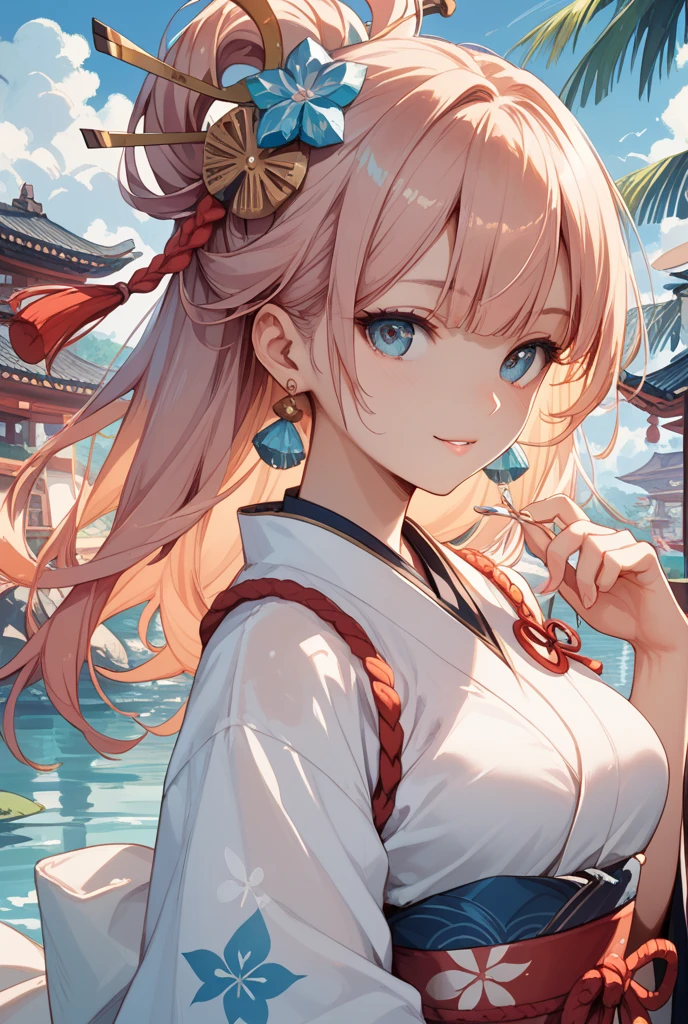 (((Masterpiece))), (((Highest quality))), ((Ultra-detailed)), ((Super fine illustration)), ((Ultra-fine painting)), (16K highest quality wallpaper:1.4), (Upper body:1.6), HDR, (Highly detailed and delicate illustration style:1.8), Detailed skin texture, Detailed cloth texture, Extreme detailed description, (T-masterpiece), (Highly detailed face:1.2), (Highly detailed fox ears:1.2), (Highly detailed beautiful golden brown half updo:1.2), (Highly detailed beautiful blue eyes:1.2), Original, RAW photo, Professional, Intricate details, Super details, Direct light:1.6, (Perfect :1.4), (Highly detailed hands:1.2), (Highly detailed fingers:1.2), (Highly detailed fingertips:1.2), (27-years-old), Real, (Solo:1.8), ((A very beautiful and attractive fox fashion model:1.4)) BRAKE (Beautiful and adorable fox ears:1.6), (Highly detailed and delicate fox ears:1.4), (Beautiful and well-shaped big breasts:1.2), (Beautiful and well-shaped buttocks), (Beautiful and shiny golden brown half updo:1.4), (Highly detailed and delicate golden brown half updo:1.2), (Beautiful and clear blue eyes that shine with great detail:1.6), (Highly detailed and delicate blue eyes:1.2), (Highly detailed face:1.4), (Smile:1.5), (Blush:1.4), (Looking at viewer:1.4), (Celebration:1.4) BRAKE (Bright red furisode with floral pattern:1.4), (Japanese traditional costume:1.2) BRAKE (Concept art:1.2), (Detailed fantasy art:1.2) BRAKE ((Highly detailed and delicate Ise Grand Shrine in Mie Prefecture in the background just after noon:1.6), (Celebration:1.4), Torii gate of Ise Shrine:1.4, Very beautiful in the sunny sky background just after noon:1.4) BRAKE 