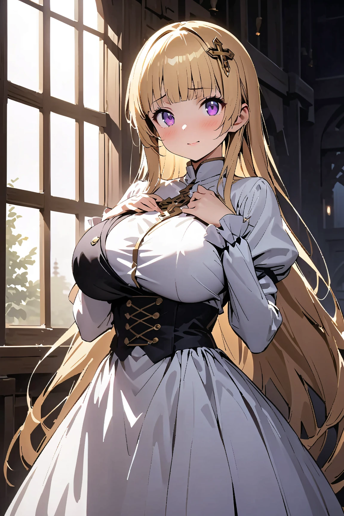 Idol, Masterpiece, Top Quality, Beautiful Face, Absurdity, HDR, (Cowboy Shot, White Ruffled Lace Mini Dress, White Collar, White Ruffle Cuff, Particles: 1.5), (Bloom, Glow: 1.4), (Smile), (Blonde Short, Yellow Eyes: 1.7), Sharp Focus, Photorealistic, High Resolution, Best Detailed, Ultra Detailed, Detailed Face and Eyes, Sharp Pupils, Realistic Pupils, Sharp Focus, Glossy Skin, (Black Corset: 1), (Dark Studio, Dark Background: 1.5), Rim Lighting, Dynamic and Cinematic Lighting, (((Skirt Lift: 1.3)))), ((White Panties Visible))),