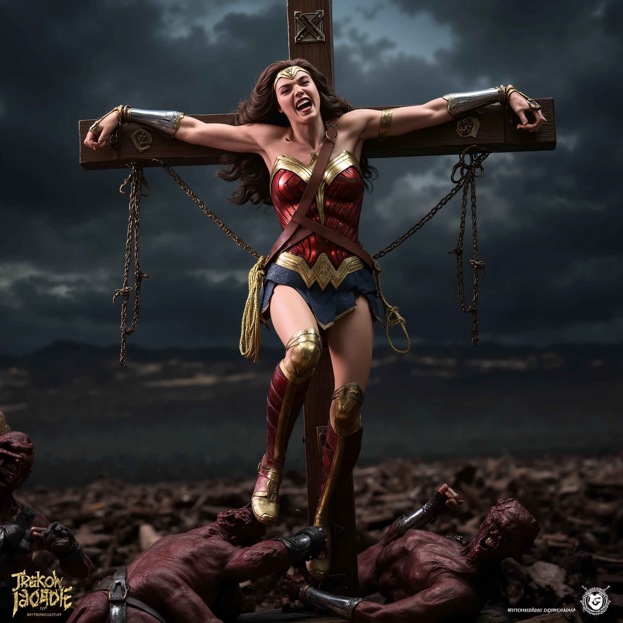 highest quality, masterpiece, ((crucifixion:1.5)), (execution), supergirl bodysuit, horrified, bleeding, ((Woman in crucifixion at the cross：1.5)), crucifixion, blue suit, Superman logo on chest, red skirt，((Torn costume)), ((Tearing of clothes)), (tattered clot(many bruises on body)), scars on body, wounds on body, injured face and body, a devastated world, ruins, abandoned building, (burning at the stake), ((roasted over fire：1.2))