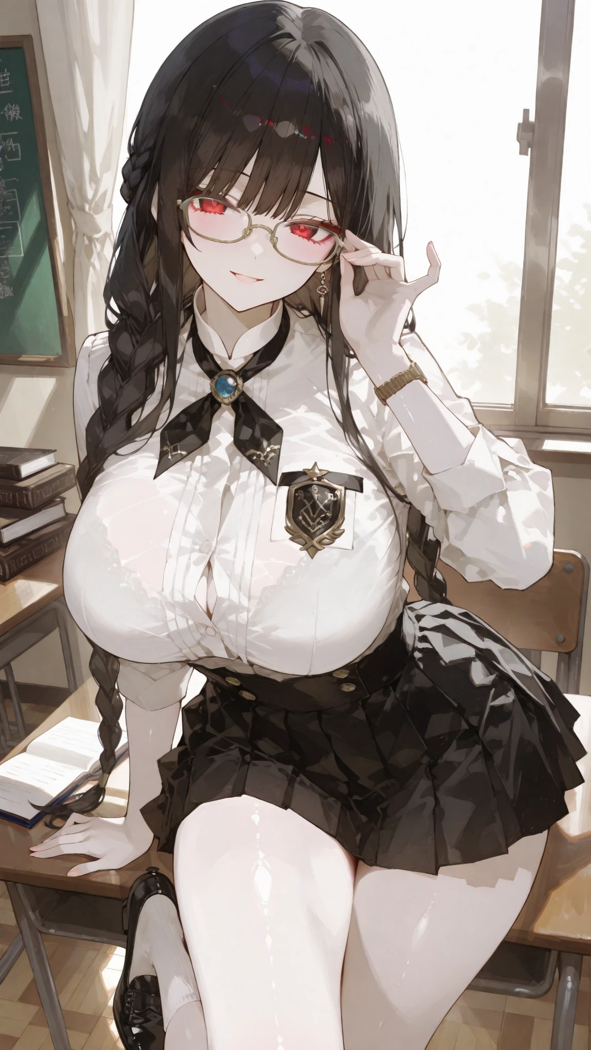 a beautiful woman with a short skirt, open shirt, large breasts, cameltoe, wearing white lingerie, sitting at a table in a library, wearing glasses