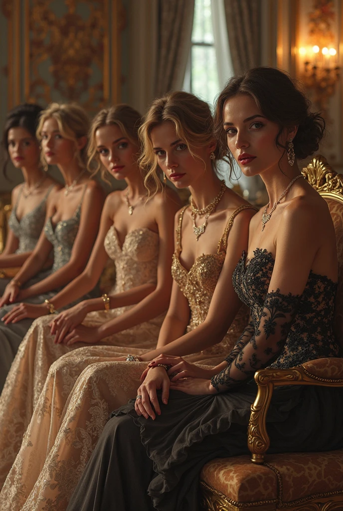a beautiful woman with long brunette hair, a blonde woman with black eyes, two women with big breasts, detailed faces, high quality, photorealistic, cinematic lighting, dramatic pose, elegant formal dress, fantasy art style, rich color palette