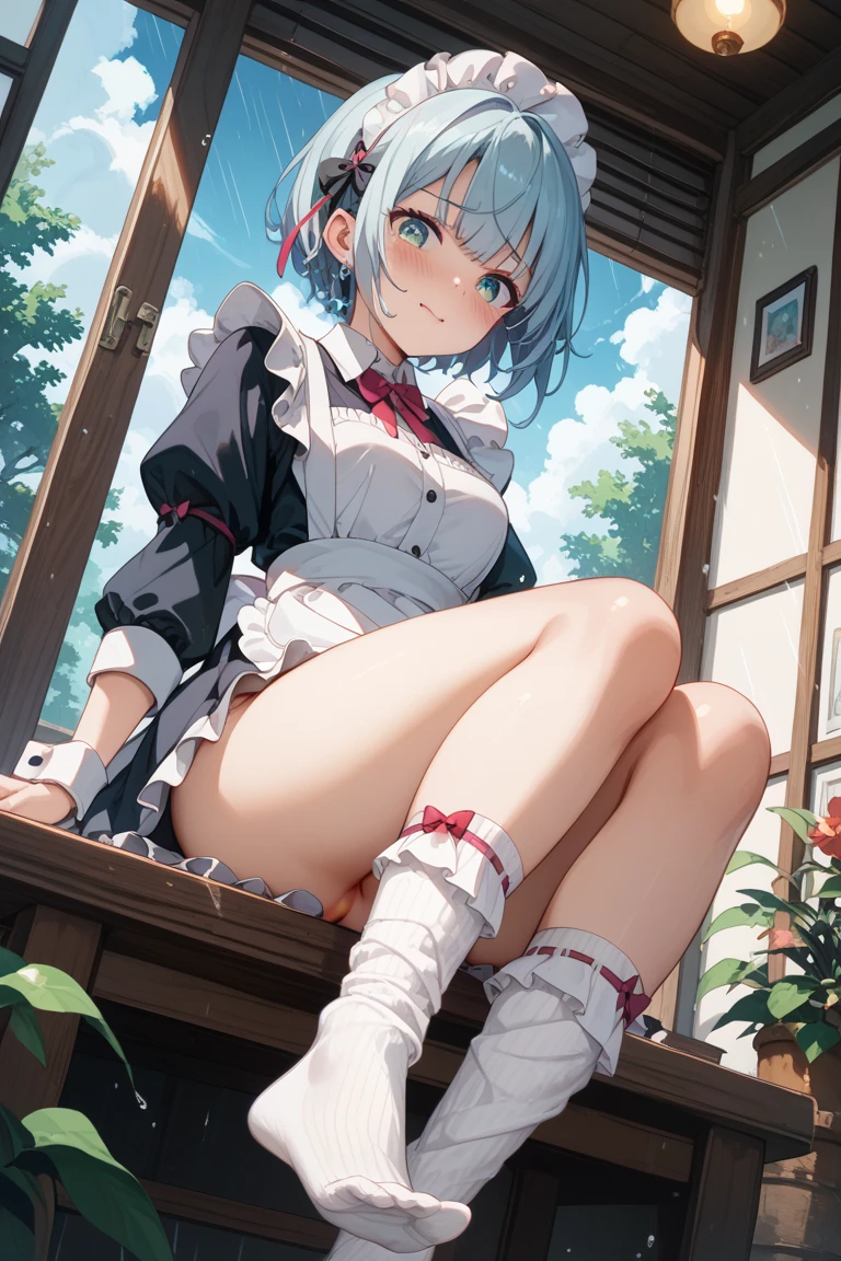 (masutepiece, Best Quality, Ultra-detailed, 8K, Wallpaper, Photorealistic), ((Perfect hands)), ((Perfect Anatomy)), medium cleavage,  ((Attractive anime 1 girl)), ((Rei Ayanami)), ((Capturing her ethereal beauty with pale skin, The dense indigo short hair is impressive)),clean detailed faces、kindly smile、Look at viewers、 ((Bright red eyes)), ((Junior high school uniform))、(white  panties), ((medium shot, From below)), Kamimei