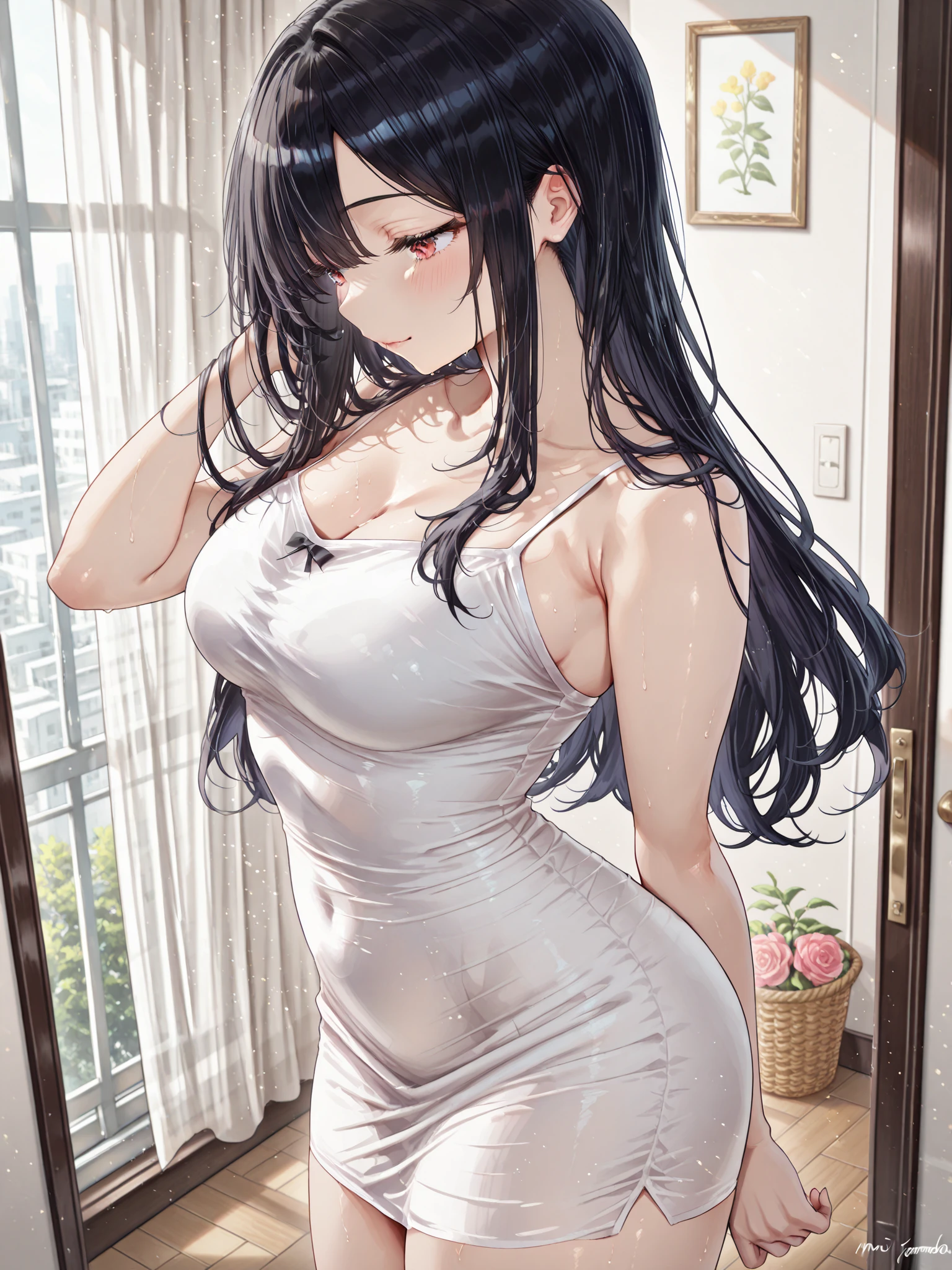 (masterpiece, best quality), 1girl, (solo), looking at viewer,
light smile, closed mouth,
haremfantasy-monica, large breasts,
sleeveless dress, collarbone, blue dress, white arm warmers, frills, corset,
gymgirl, from behind, looking back