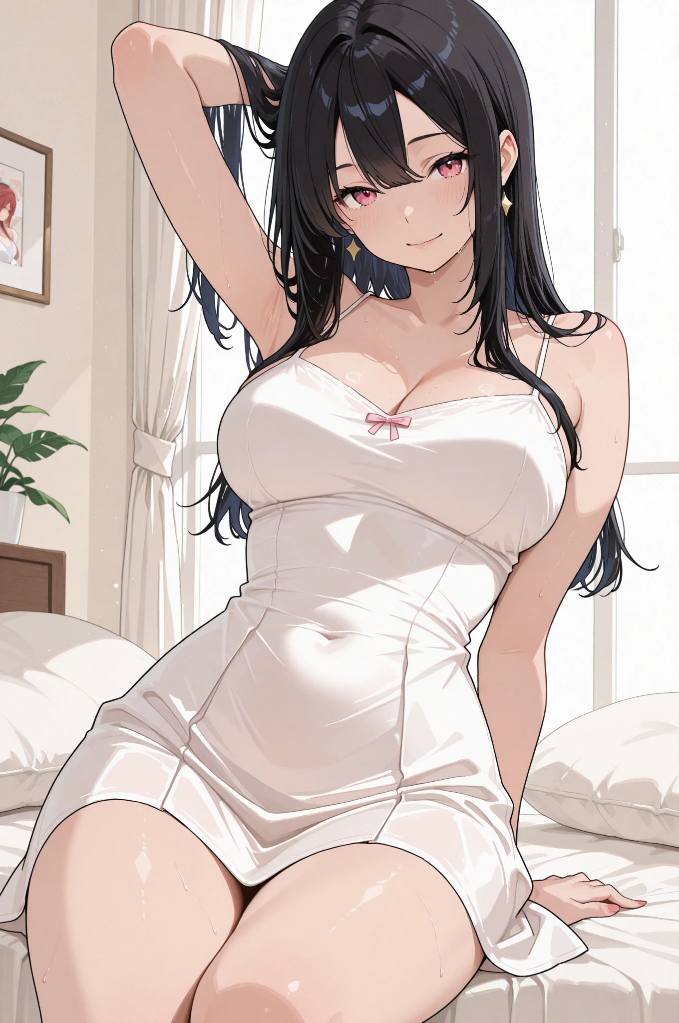 masterpiece, yor, 1girl, Amazing Cleavage:1.3, thin waist, big ass, Raised sexy, medium breast: 1.8 posed cleavage:1.2、solo, looking at viewer, open mouth, have a cup of coffee,black hair, red eyes, dress, bare shoulders, jewelry, collarbone, sidelocks, hairband, earrings, indoors, off shoulder, :o, sweater, arms behind back, plant, short hair with long locks, white hairband, off-shoulder dress, sweater dress, off-shoulder sweater, red sweater, big side hair, very long side hair,is rendered in (masterpiece: 1.2, best quality), with (ultra high resolution) and an exquisite (depth of field). This masterpiece is not only visually stunning but also tells, teach of cooking ,in the kitchen