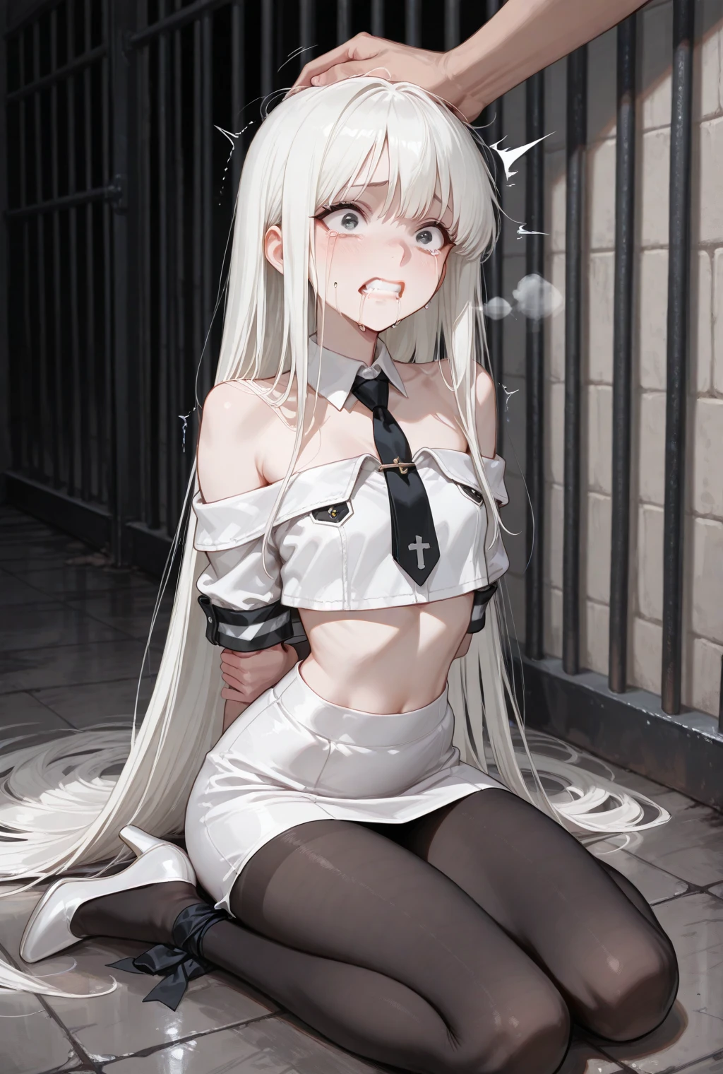 The white-haired loli was half-kneeling in the toilet,Tie a chain around her neck