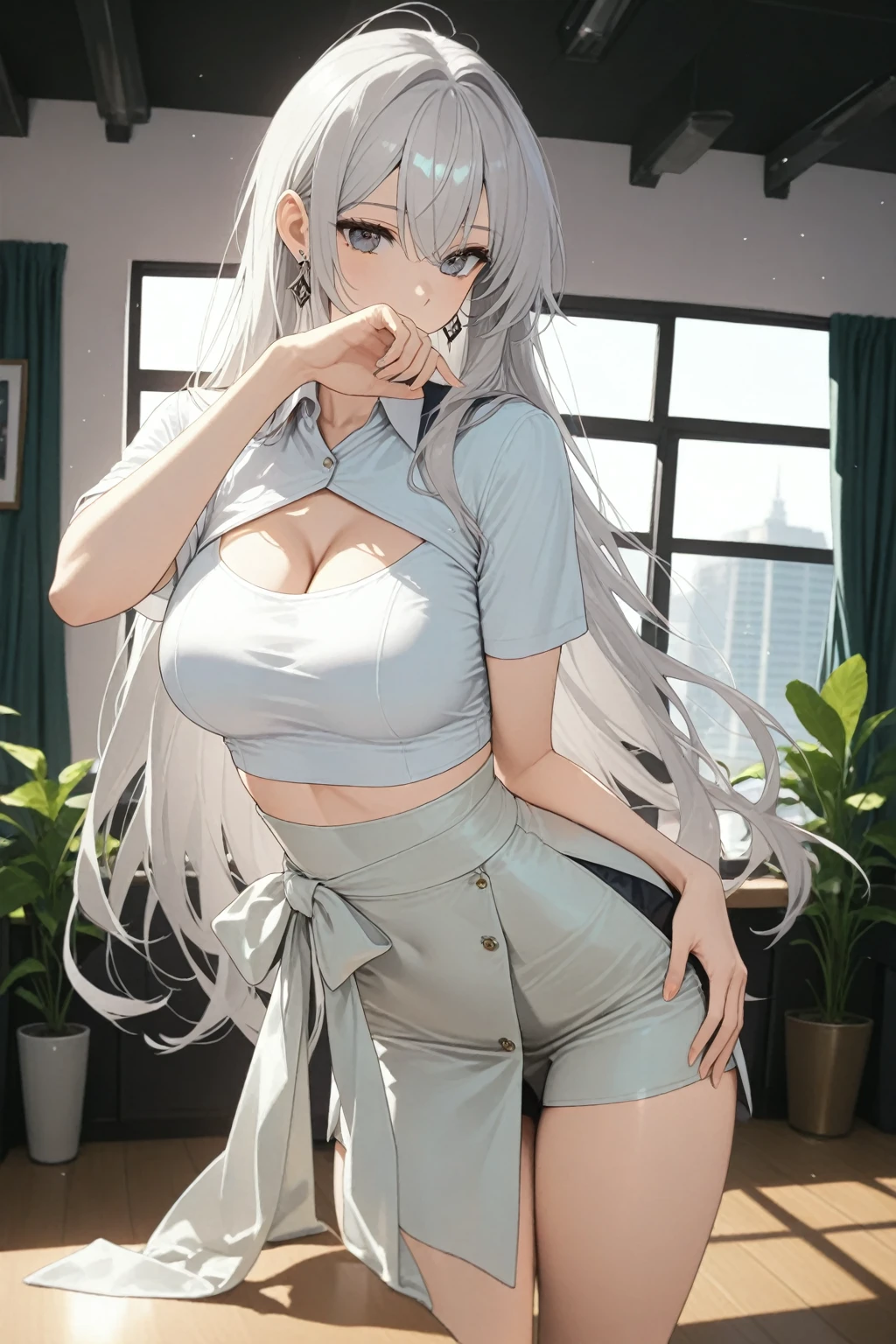 Pull up your hair and drink water a park Grey tank top see-through The skirt pattern looks like this