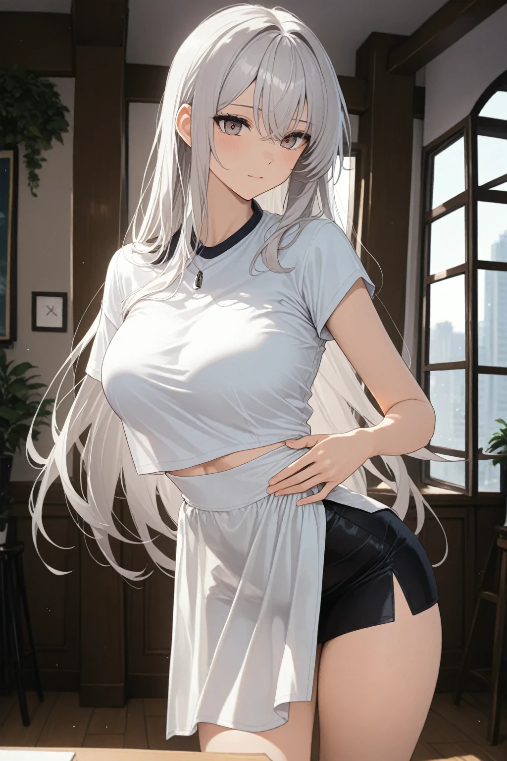 white long straight hair, pretty , blue eye, collar, white skin, shy, best quality, young, short, tight black leggings, black t-shirt