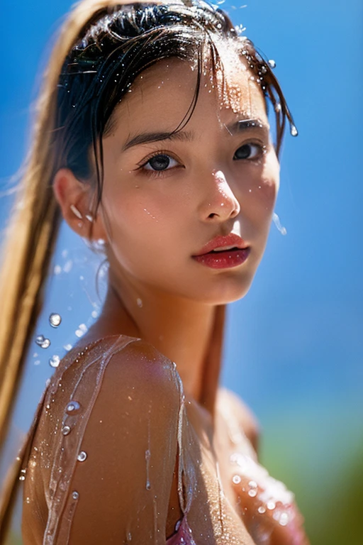 Girl lying in the desert,full bodyesbian,Creative photography,Wet hair,short detailed hair,(Beautiful body curves:1.2),perfect bodies,Realistic lighting,(Focus on the face),(The face is rich in detail),(HD imaging:1.3),Oily skin,Wet translucent slip miniskirt