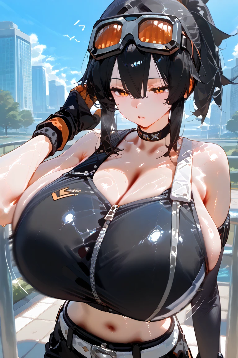 (giantess), (((((huge breast))))), Pleasure, Long legs, Sweat, breast milk,yahagi_kantaicollection,A woman seen from the side,Underarm,ponytail,Dressed Woman