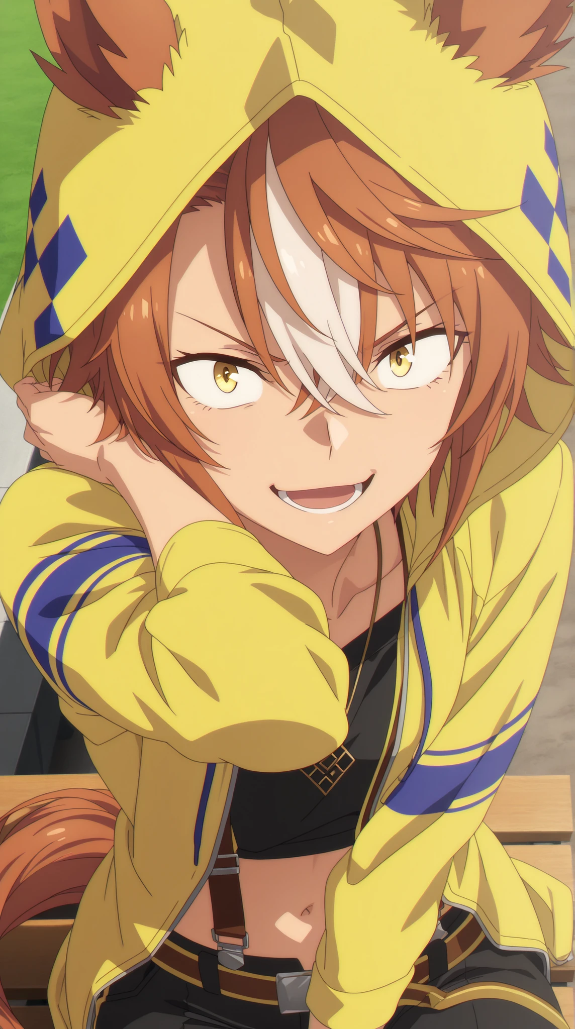 , Dictus Striker .Uma musume
High quality , best quality , masterpiece, High Resolution , detailed face( LoRA: Dictus Striker ),anatomically correct, detailed hairstyle( LoRA: Dictus Striker ),anime Coloring
solo, 1 girl,
brown hair, streaked hair, short hair, hair between eyes, animal ears, horse girl, horse tail, yellow eyes, navel, necklace, midriff,black shirt, crop top, open clothes, yellow jacket, hooded jacket, hood up, open jacket, long sleeves, belt, suspenders, black pants,
looking at viewer ,close up,face focus,upper body
ground,track,bench
,,open mouth, smile, excited ,,sitting