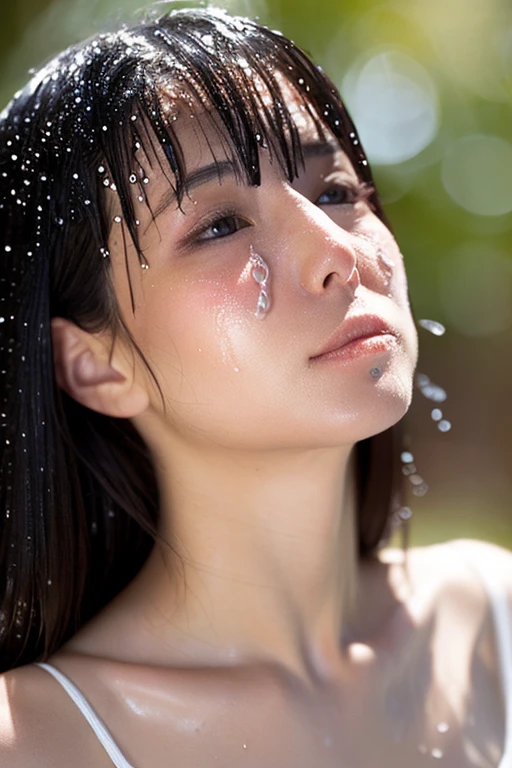 (Highest quality, 4K, 8k, High resolution, masterpiece:1.2), Very detailed, (Realistic, photoRealistic, photo-Realistic:1.37)、smile、black halter sleeveless、(((Bukkake)))、parted lips,