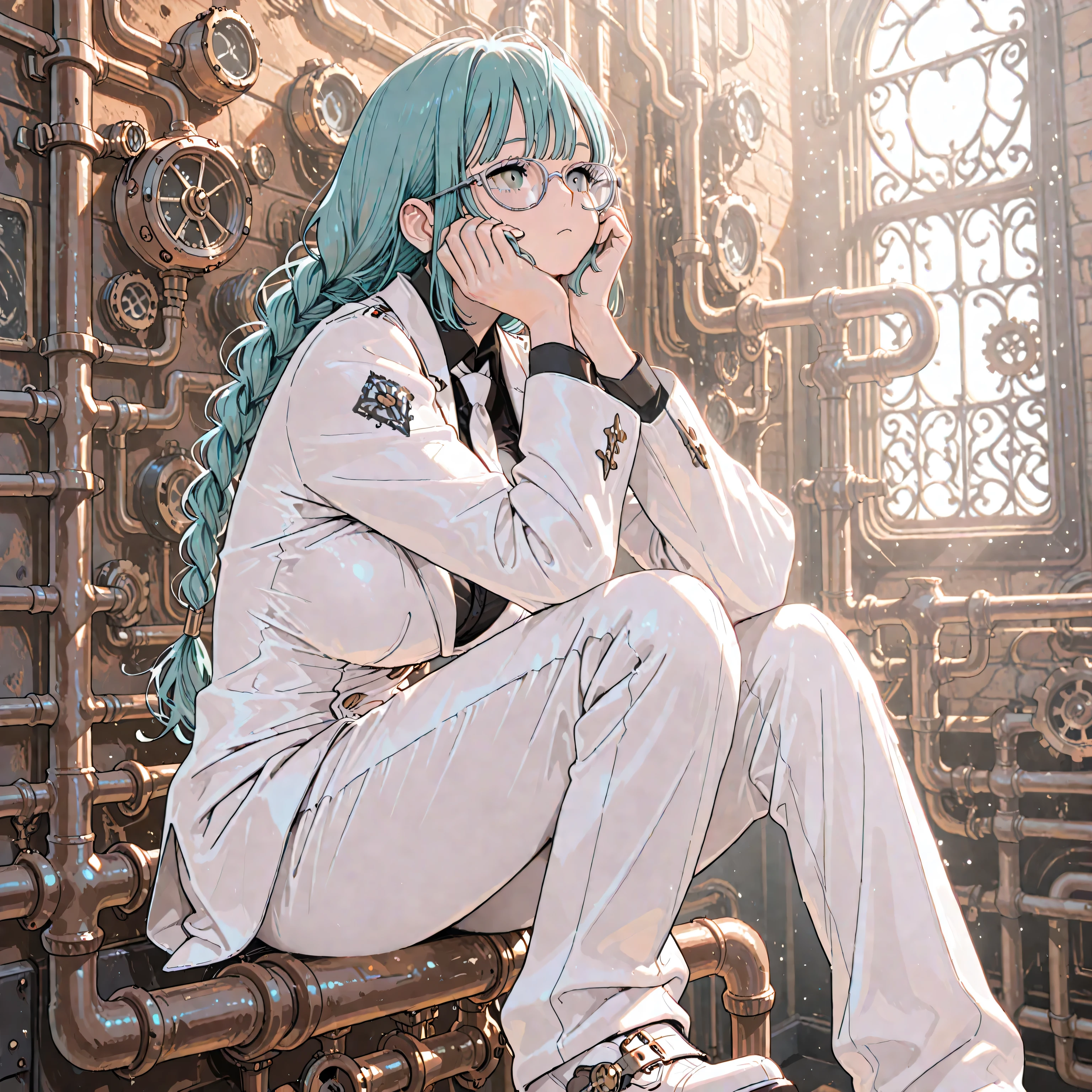 masterpiece, best quality, full body, steampunk, 1girl, long hair, aqua hair, low-braided hair, grey eyes, silver glasses, white suits, black shirts, white tie, soft neutral expression, big breast, sitting on pipe, hands on cheek, arms on knee, straight-on