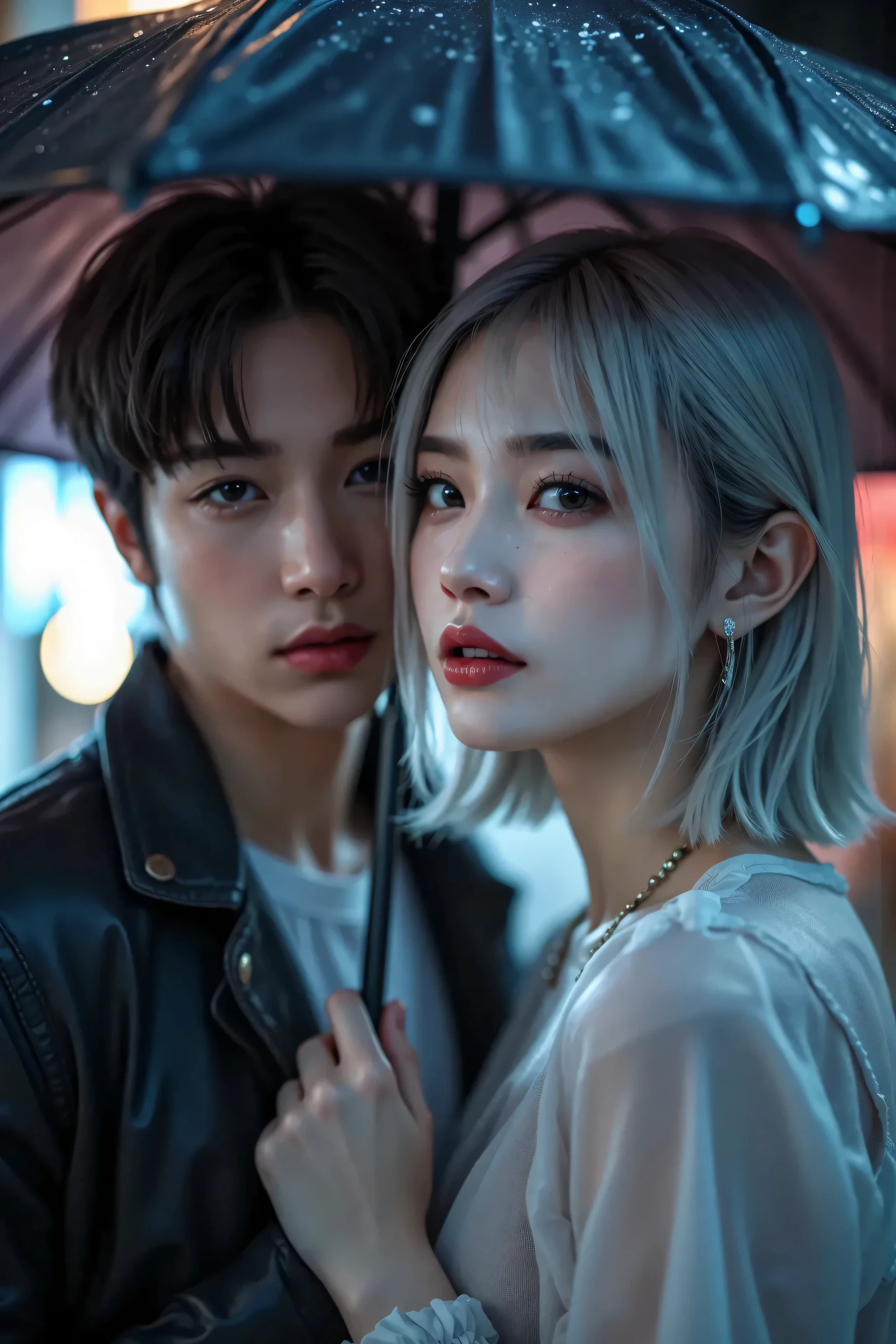 Masterpiece, best quality, super detailed, illustration, beautiful detailed eyes, close up, with a boy and a girl. It was pink hair, white pleated shirt, cracked button on the chest, skirt. The boy is black hair, black suit, black pants. Boys and girls kissing in car, heavy rain weather