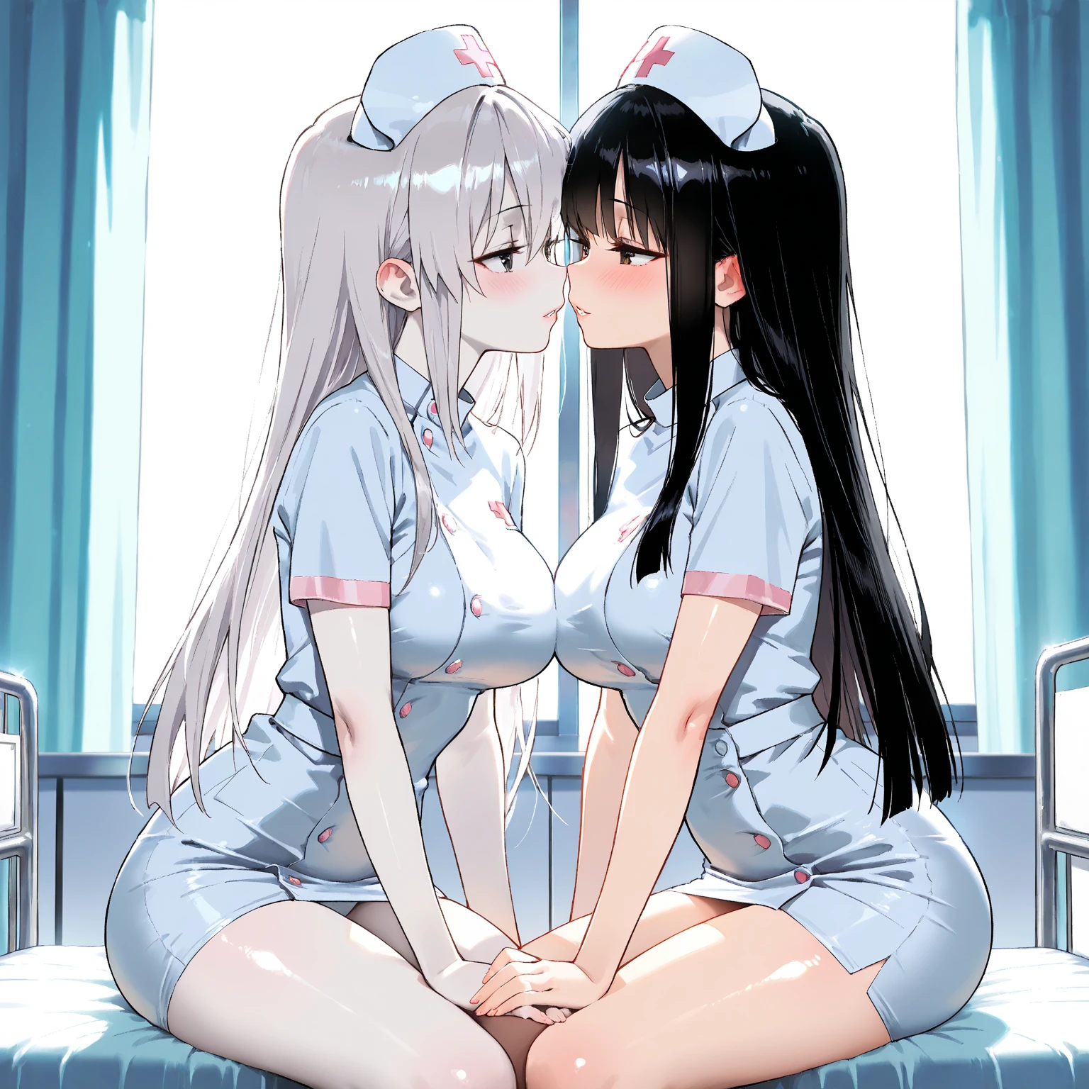 hospital, latex nurse suit,nurses,busty,elbow gloves,labcoat,silverhair woman,white eyes , gigantic boobs ,medical instruments,asian nurse,two nurses,speculum,examination room,oversize boobs, ,big ass ,strap on, lay on table ,legs spreaded,giving birth,gyno chair , dentist, bondage
