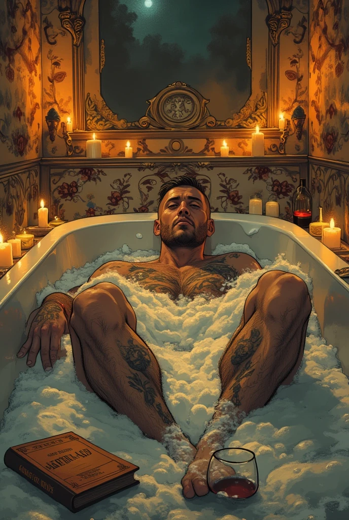 Jared Leto lying naked in a black bathtub, surrounded by candles in the bathroom whose light alone illuminates the room, rose petals in the water. --auto --s2