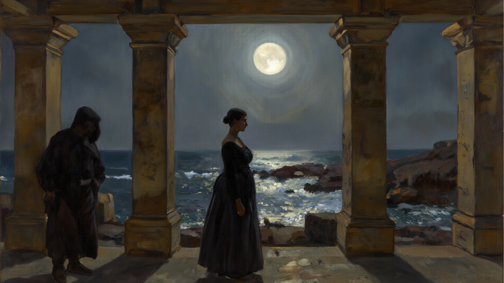 a dejected sexy woman, black lace dress, leans on a wooden post, beautiful landscape with sea and moon (art inspired by Bill Sienkiewicz, intricate details, oil painting)
