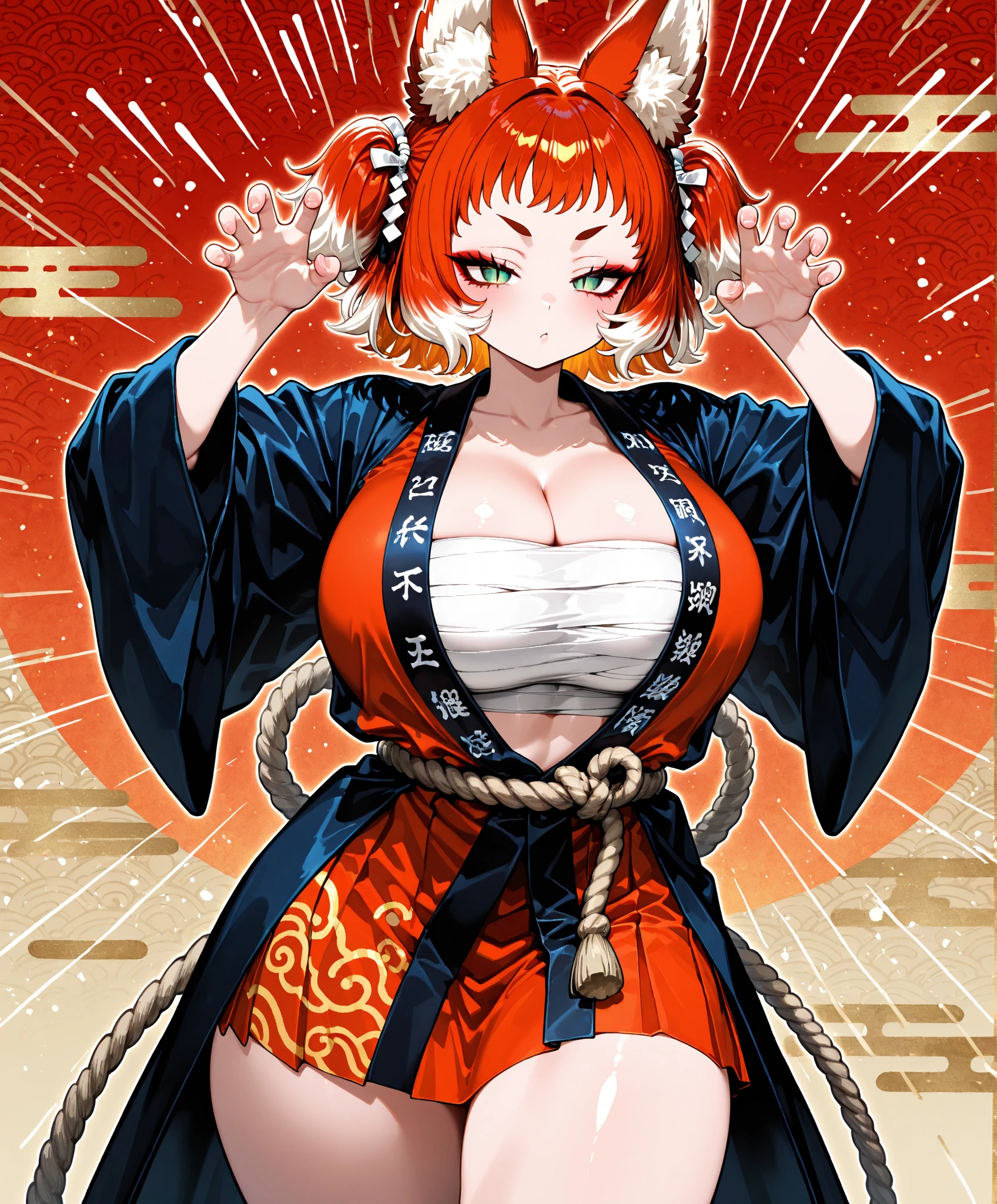 female samurai，is wearing a red leopard bodysuit, red hair and blue eyes, big breasts can be seen, winks at the viewer, Smiles, she takes off her clothes, the viewer looks at the butt