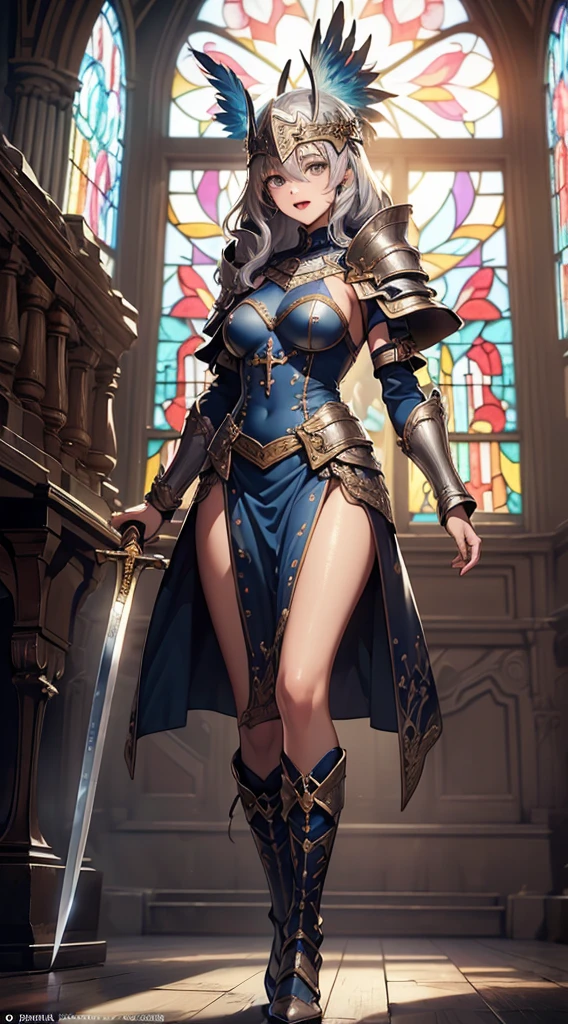 score_9, score_8_up, score_7_up, score_6_up, score_5_up, score_4_up, 1girl, pointy ears, sword, weapon, breasts, long hair, solo, thighhighs, elf, gloves, sitting, cleavage, holding weapon, black thighhighs, holding, holding sword, armor, white hair, elbow gloves, black gloves, looking at viewer, boots, circlet, medium breasts, very long hair, wariza, teeth, clenched teeth, on bed, cleavage cutout, clothing cutout <lora:Gothic Art Style SDXL_LoRA_Pony Diffusion V6 XL:1>