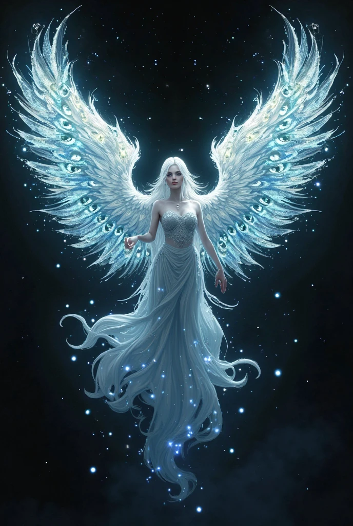 fish-eye lens, cosmic background, Countless twinkling galaxies and stars, Convoluted, Ultra-realistic full-length shot of an angel praying for viewers in the center of a circle, The microcosm revolves around angels, face to the viewer, Offer mercy, Comfort and love, stunningly beautiful face, The majestic twin wings of an angel growing from the back of an angel, Ultra-realistic and ultra-detailed real wings, Beautiful snow-white robes and translucent darkness, Long Blonde Hair, Hair and stars mix, Fantastic and sacred (1:1), ultra-detailliert, A hyper-realistic, Countless small lights twinkle、Blend into the darkness, ultra intricate, New splash art never seen before in space, Captivate your audience、Give your audience direction to move forward, What's next?. It is a masterpiece that will continue to win many awards in the future.......