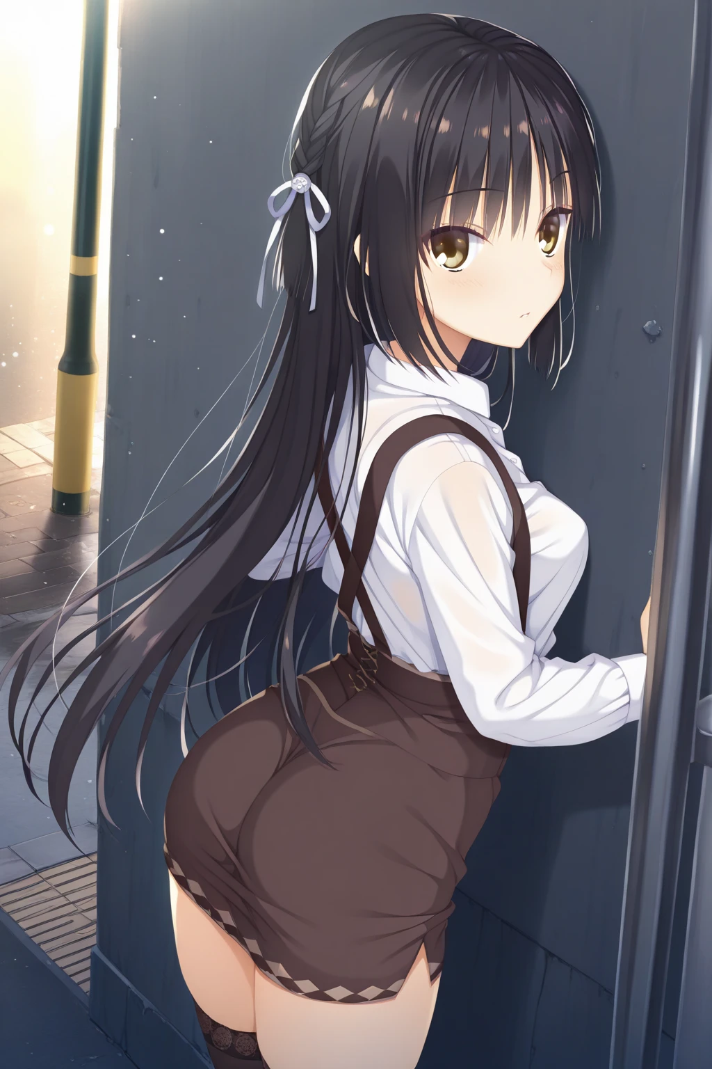 ((Blue Archive Style)) girl, 17 years old, long hair, black hair, blue eyes, 1m76 tall,cup F breasts,Student and high school uniforms,Backpack, shoulder bag,Pov,groping butt,blushing