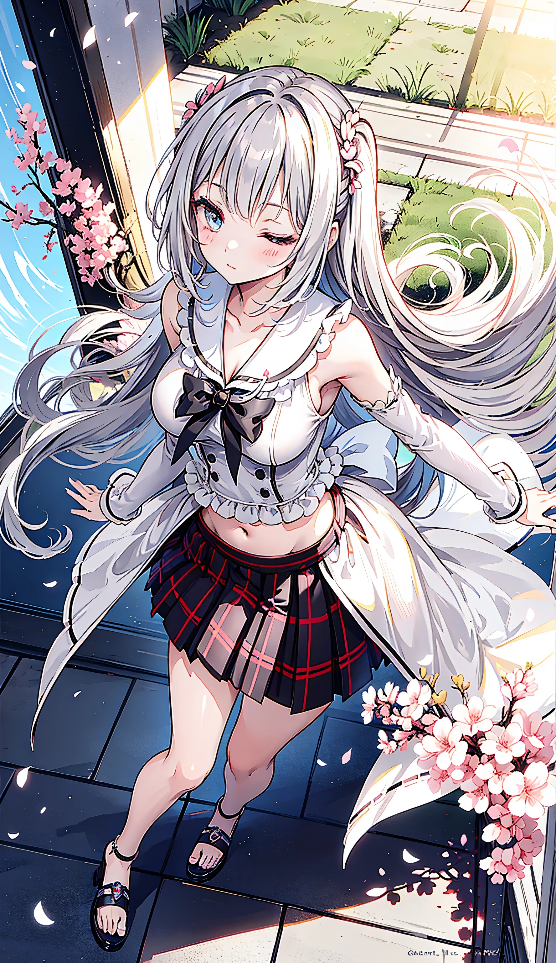 ((masterpiece)),((bestquality)),((officialart)),((extremelydetailedcgunity8kwallpaper)),(((petals))),(((heterochromia))),(((rosepetals))),(((flower))),(((fallingpetals))),(((navel))),(((thighhighs))),((rating:safe)),((hairornament)),((skirt)),((hairflower)),((redeyes)),(longhair),(cherryblossoms),(skirthold),(skirtbasket),1girl,absurdlylonghair,seaportprincess,bluesky,mediumbreasts,catears,japaneseclothes,