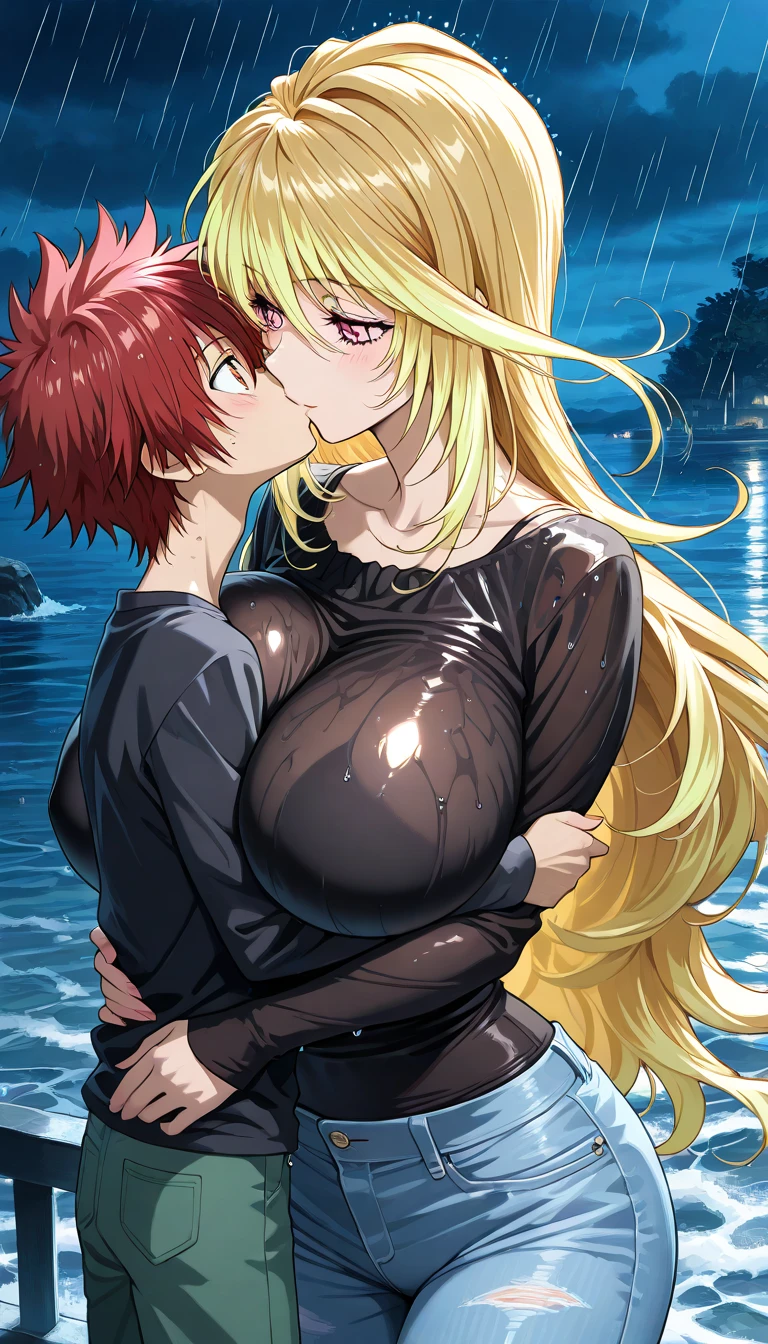 (masterpiece,best quality:1.3),(ultra-detailed,high resolution:1.2),(illustration),((an extremely delicate and beautiful)),(detailed background),((1girl,tall stature)and(1shota boy,short stature)),hetero,(1girl,tall stature:1.4),(curvy:1.4),(long hair, french braid),straight hair, (blonde hair), light blue eyes, (large breasts), pale skin,shiny skin, (rolling eyes:1.4),(ahegao),(trembling),((She wears sexy dress)), cum in pussy,(cum on clothes:1.4), cum on body,cum in mouth,cum on hair,excessive cum, (1shota boy,short stature:1.4),smug,large penis, ((vaginal,sex)),(upright straddle,couple,face-to-face,kiss),(wrestling ring),