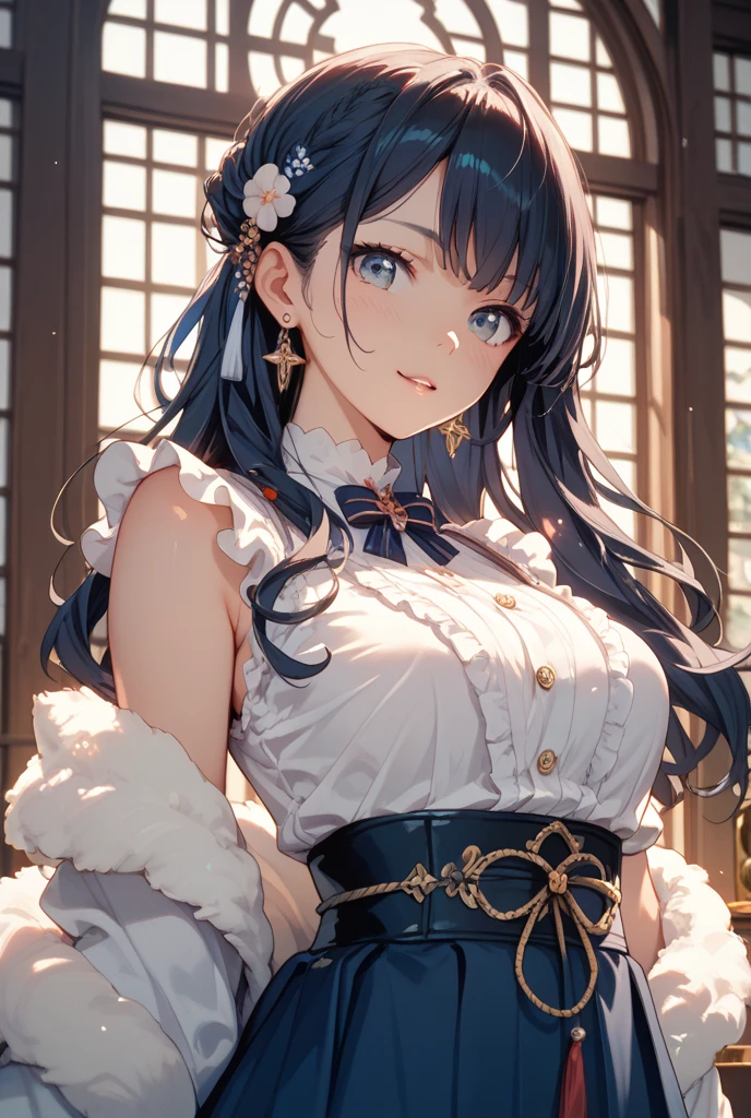 best quality,extremely detailed,anime style,1girl,Long hair down to the waist,straight hair,Dark black hair with bluish,Braid on top of the head,ponytail,beautiful detailed eyes,pinched eyes,dark blue eyes,huge breasts,smile,beret cap,garter belt,Fluttering and mysterious clothes,((hair ornament)),princess room,Sunlight
