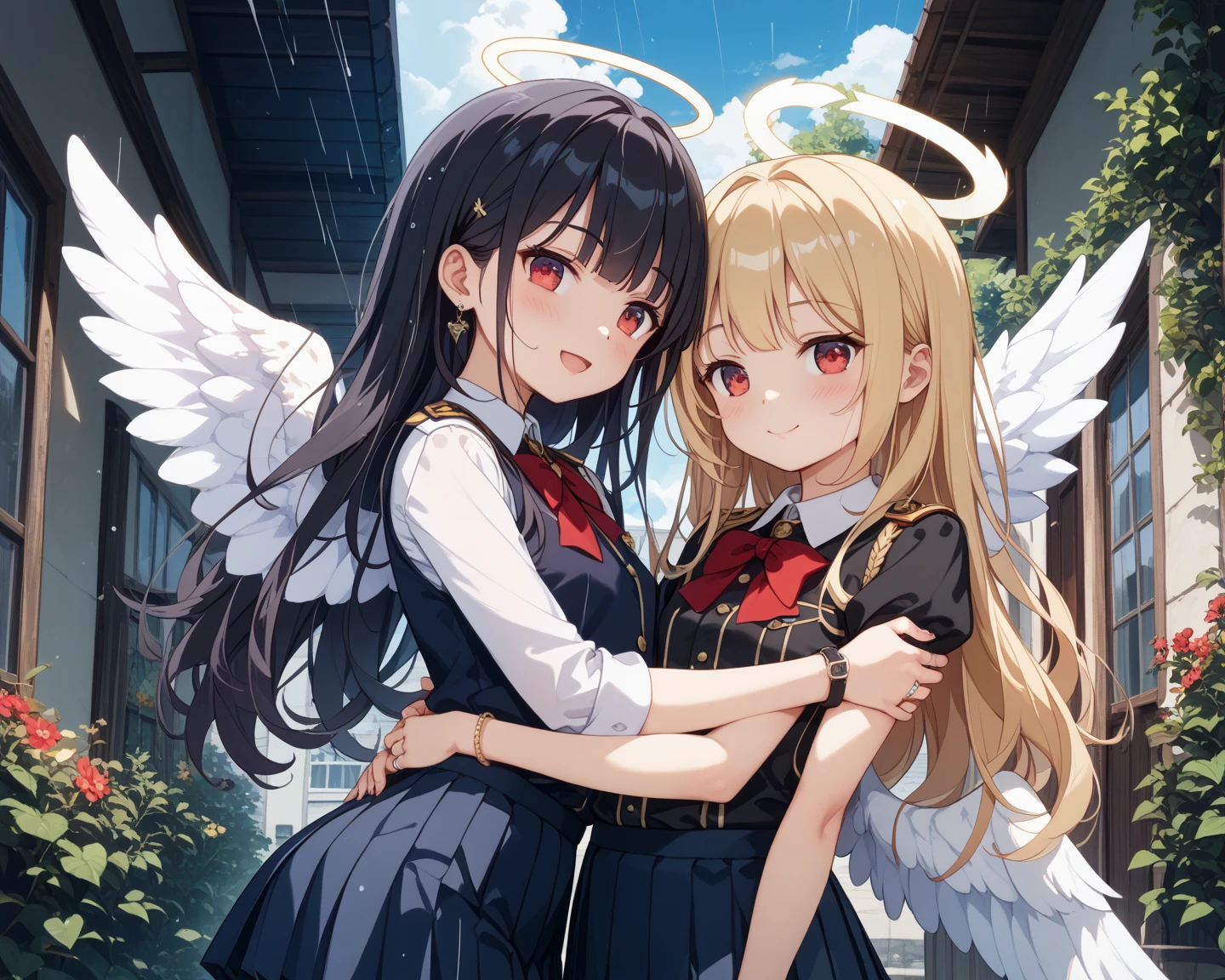 2 little girls,high school student,Angewomon,White student uniform,huge grin,Get red in the face