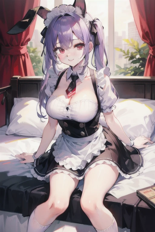 high quality, ultra detailed, best quality, insanely detailed, beautiful, masterpiece, 1girl, solo, illustration, mantion, cowboy shot, looking at viewer, red eyes, long hair, bangs, purple hair, maid, large breasts, cleavage, head dress, closed mouth, smile, blush
