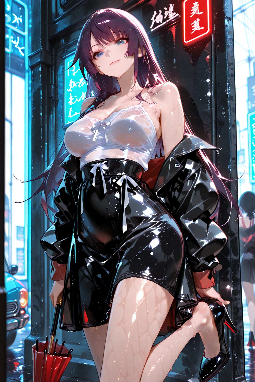 Masterpiece, top quality, best quality, official art, beautiful and aesthetic, anime, 1girl,extremely detailed, colorful, more detailed ((ultra-detailed)), (highly detailed CG illustration),Best Quality, High resolution, Unity 8k Wallpaper, (Illustration:0.8), (Beautiful detailed eyes:1.6), extra detailed face, Perfect Lighting, extremely details CG, (Perfect hands, Perfect Anatomy),city,street,night,wet road,reflections,lights,red long hair, cat ears,ponytail,blue eyes, barrette,black choker,earrings,skinny fit,medium breast,lace gloves,shoulders, small ass,red dress,cleavege,fishnet stockings, high boots, in center, staying in front to camera, from below, full body shot.