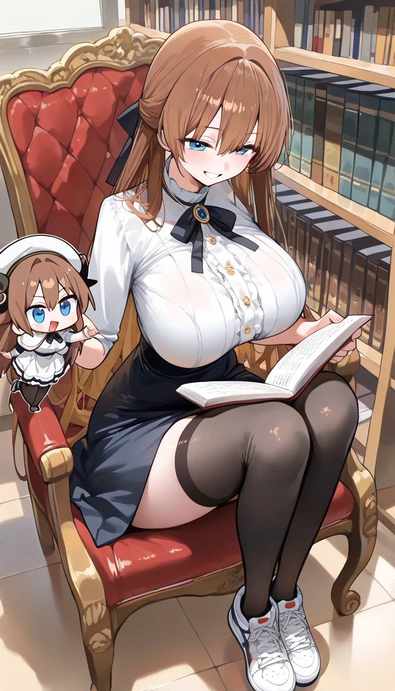 (minigirl on a table standing up below the breasts and face of a giantess girl: 1.3), (minigirl on a table looking up at a giantess: 1.1) closeup breasts and face, (from below view: 1.2), (medium sized breasts), cleavage, (indoors: 1.1), (2girls: 1.5), (height difference: 1.9), (size difference: 1.3), (mature adult woman: 1.3), (yuri: 1.2), (cute girl with girly dress frills: 1.1), (fantasy set in medieval era: 1.1), cute dress, books, teddy bear, toys, weapons, robe, light, (long distance photo: 1.1), (foreshortening table: 1.1), bent over, (minigirl: 1.4), (long distance: 1.2), (far away: 1.2)