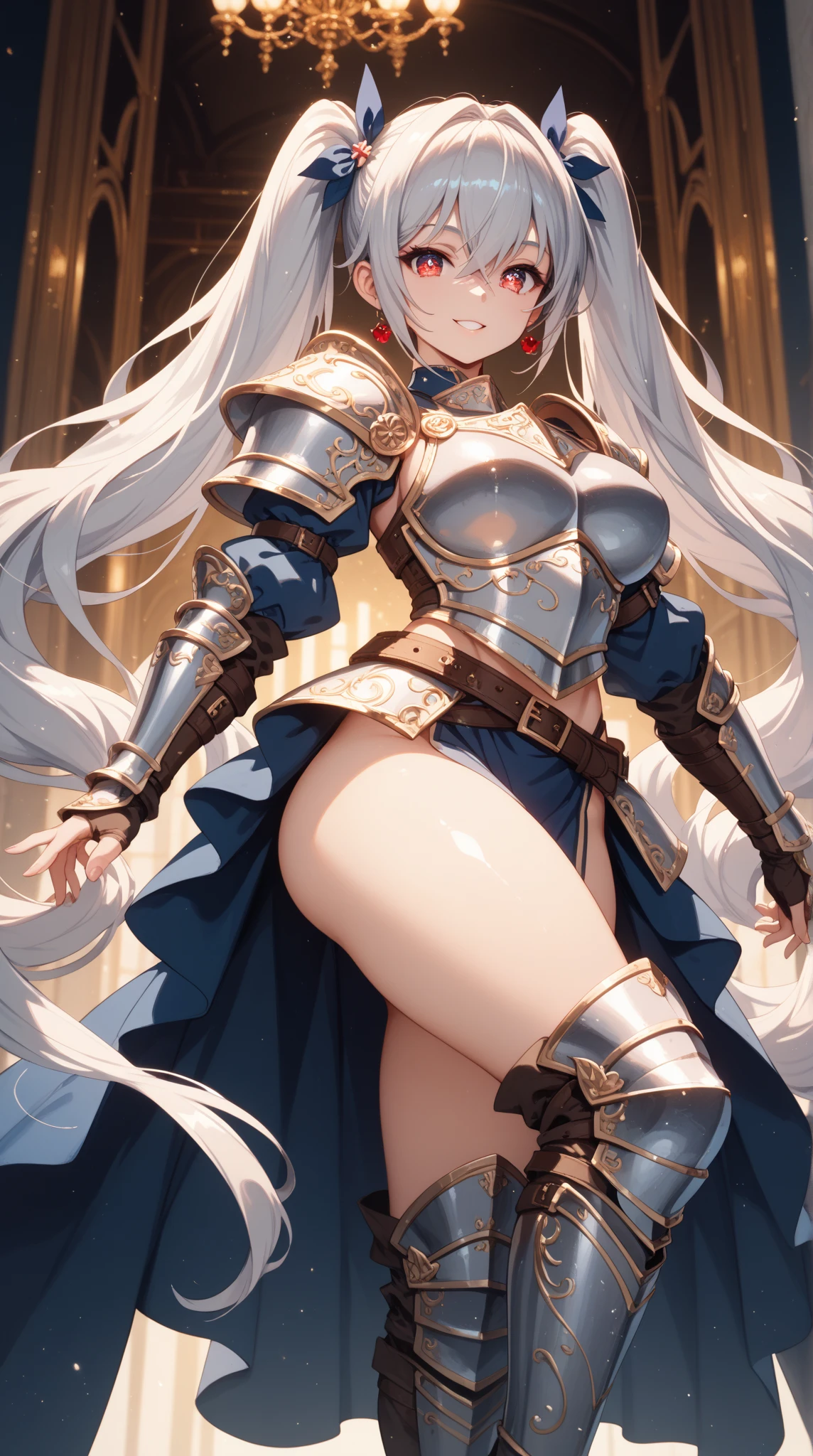 Woman knight、a beauty girl、huge tit、One-handed sword in right hand、A small shield in his left hand、leotard、s Armor、Nice Buddy、knee boots、silber hair、Small hands、Armor shoulder rest、is standing、full body seen、Navel out、gorgeous　in a castle　hair adornments　bra very