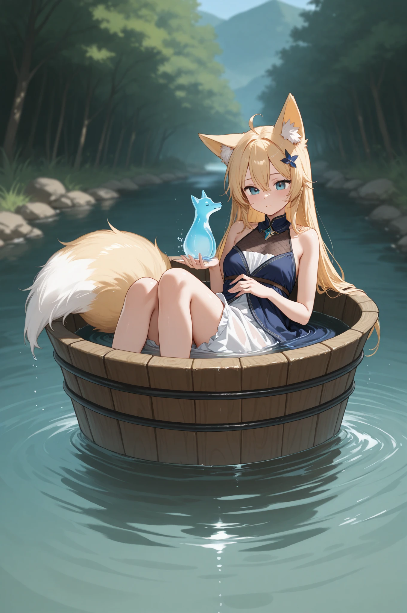 A girl with cat ears and blonde long hair,At midday, strong sunlight blazes down on the desert.
BREAK
At an oasis, a woman is joyfully playing in the water, smiling.
BREAK
She seems to forget the heat, filled with enjoyment.