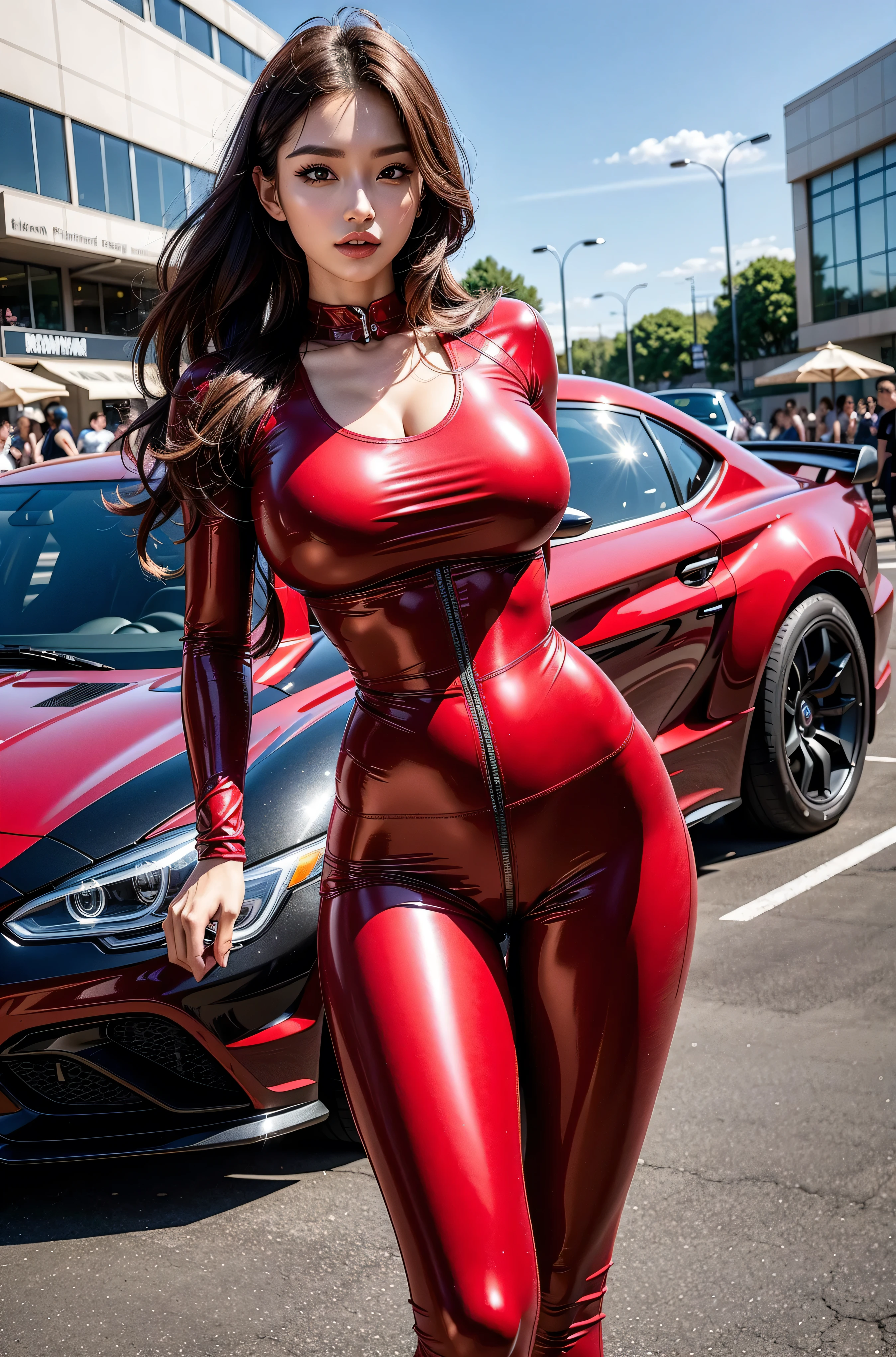 High Detail, wear (Tight shirt:1.2), Beautiful and delicate face, Hazel eyes, (Attractive fitness woman:1.3), (Tempting:1.1), (blush:1.1), Hourglass figure, Fully shiny aerobic red latex tights, Big and round breasts，Standing in front of a red racing car，Monza Circuit
