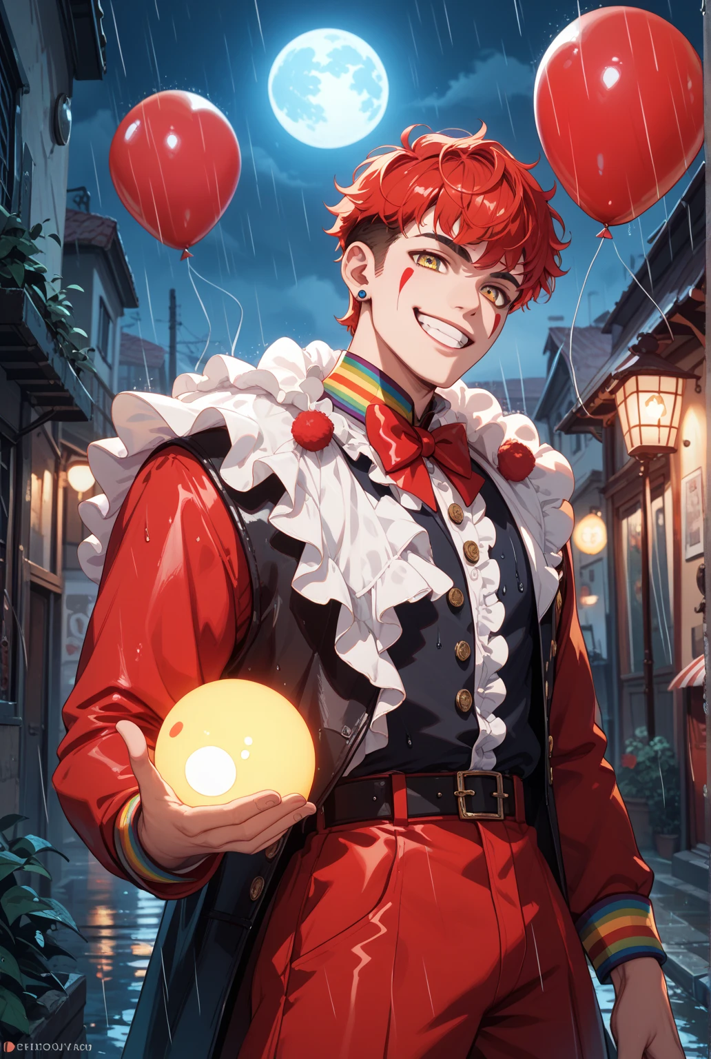 Young guy, short black or red hair, The eyes are red, The shape of the royal jester, ssmile, clown makeup, Masterpiece, hiquality