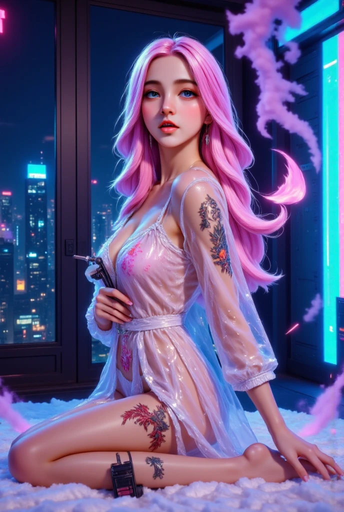 1girll,(Captivating quality:1.4),(True textured skins of the highest quality), Delicate face,Pink twin-tailed hair, Gradient Hair, (perfect bodies:1.1),Heart-shaped choker、long eyelasher,grin, hyperphotorealism, Cinematic lighting, projected inset, surrealism, hyper HD, masutepiece, 16 K,Dream On,Please wear clear silk pajamas,Carmelto,legs slightly open,tattooed,Fantasy space,Luxurious space