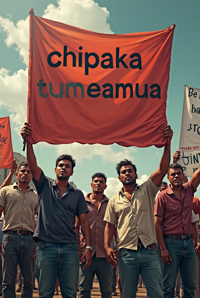 A high-definition Canon DSLR photo of a large group of Brazilian metalworkers, men and women, standing united in front of a factory. Their skin and uniforms are marked with dirt, and they hold a large blue banner with white text that reads "Campanha Salarial 2024". In the background, more workers hold various banners and posters, adding depth and energy to the scene, caveman era.