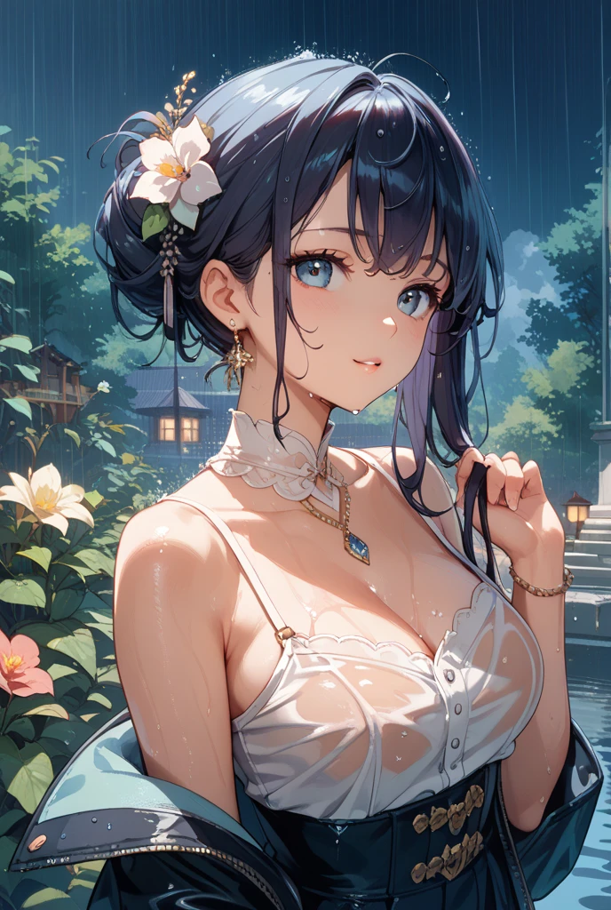 (best quality,highres,ultra-detailed,Pixiv:1.37),1 girl, full body, (7 years old girl:1.2), beautiful detailed eyes, beautiful detailed lips, girl wearing large silk dress, beauty complex lace on dress, (wet, wet body, wet hair, wet skin, very wet dress, reflection on the wet dress, delicate embroidery, subtle water droplets:1.15), (water spray:1.1), (silk dress, best dress wrinkle, Transparent mucus wrapping), Voluminous hair, soft lighting, (portraits), vivid colors, calm expression, look at viewer, peaceful scenery, clean and fresh feeling,Beautiful and detailed waterdress