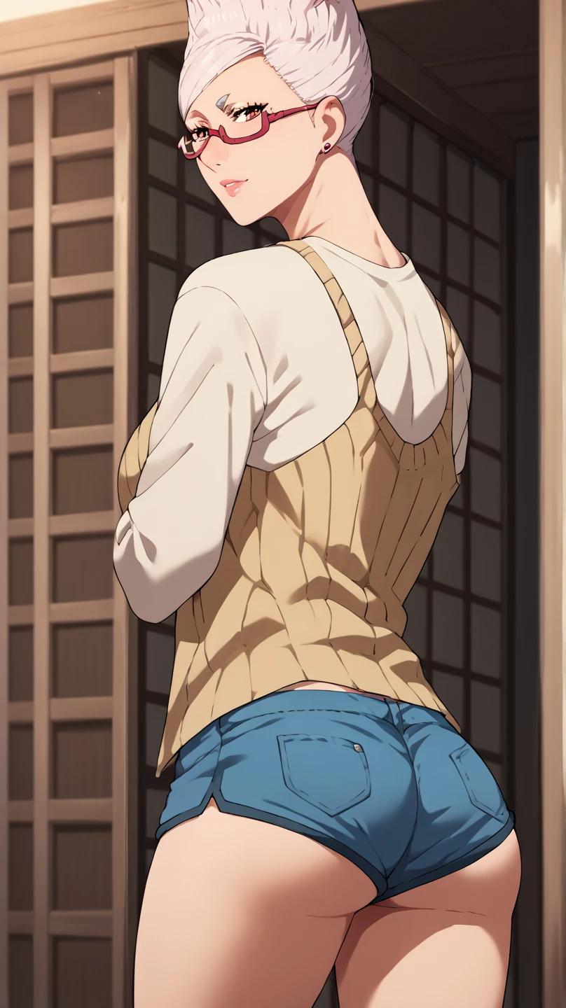, score_9, score_8_up, score_7_up,1girl,source_anime,brown hair,short tied hair,brown eyes,freckles,detailed face,masterpiece,best quality, room, legs, , tall girl, , full body, back, ass, back focus, standing, walking,