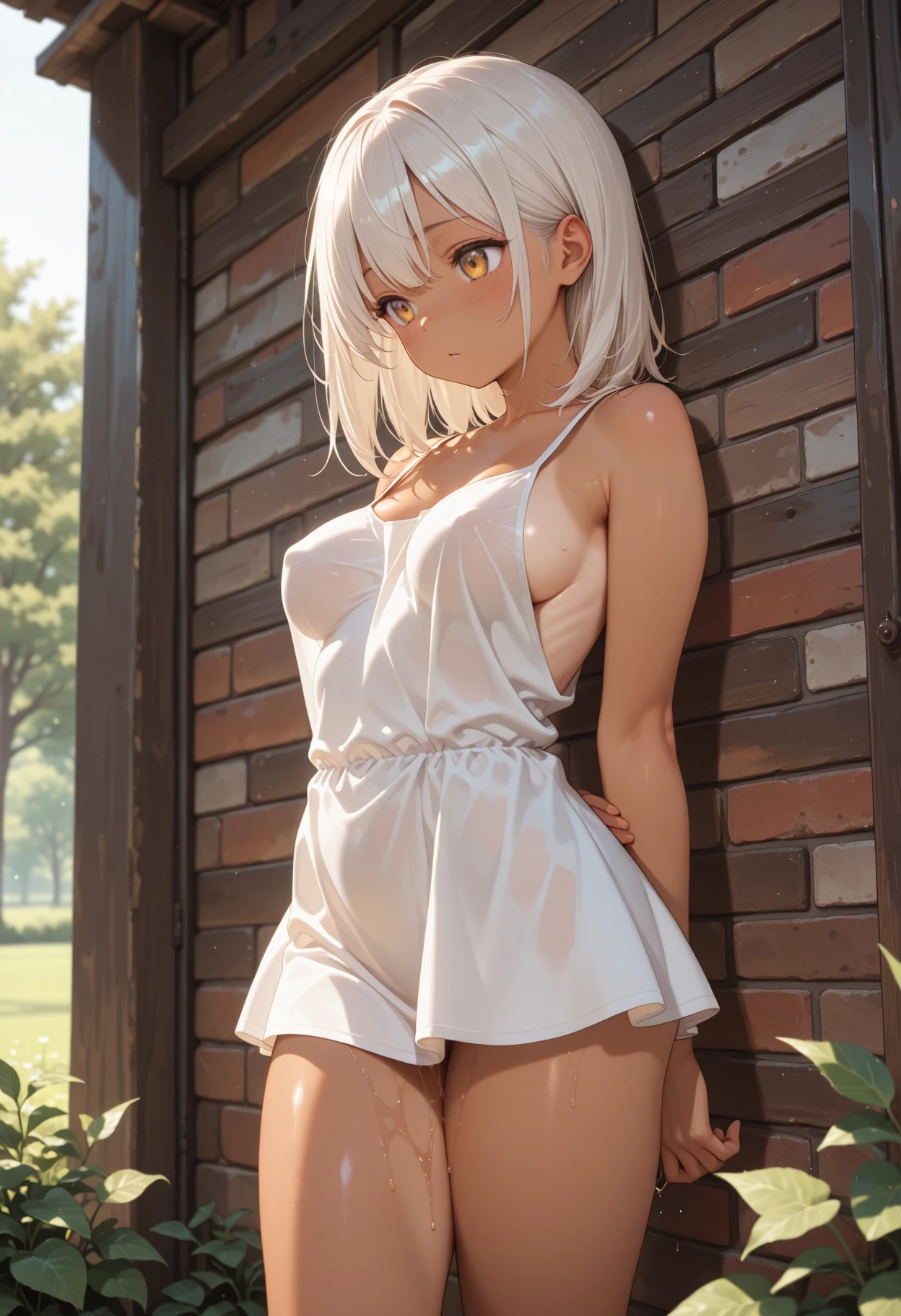 a tan girl wearing a sleeveless lowcut shirt with collar, standing, resting hands on the stomach, in pain