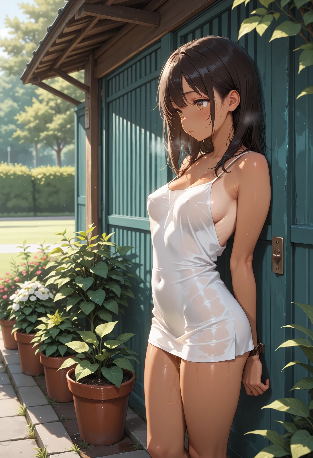 Exquisite, slender, delicate girl of 16 years old with a perfect gentle face of the southern type (with short burgundy hair) with freckles with a ruby earring in the rays of the rising sun, naked with tender breasts with (pink nipples) (barefoot) (in pink colors) (on the veranda in the garden) Drinks (coffee) and looks at the flowers, in watercolor style, discreet light shades, Flares, imitation of film photography, against the sun, (strong wind), nudity, a lot of sun glare, light fills the frame, olive and grape groves, Brick Road, high image quality, Maximum detail, sunset lighting, Warm evening shades, (warm golden and olive sunset light), big space eyes, olive and grape groves, Brick Road