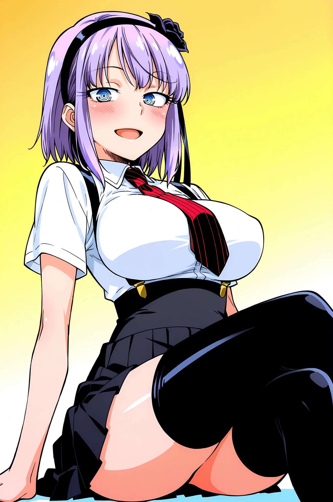 front、Ultra-detailed illustrations、Ultra-precise expression、masterpiece、Highest quality、ultra High resolution、High resolution、Hiromitsu Takeda Style、White background、Simple Background、Character portrait、One girl、solo、Mash Kyrielight、light purple hair、short hair、hair over one eyes、Purple Cheerleader、frilled skirt、separate、Choker of Hearts、White Breath、Sweat、One breast is visible、agegao、Raise one leg、pubic hair、Pussy juice、