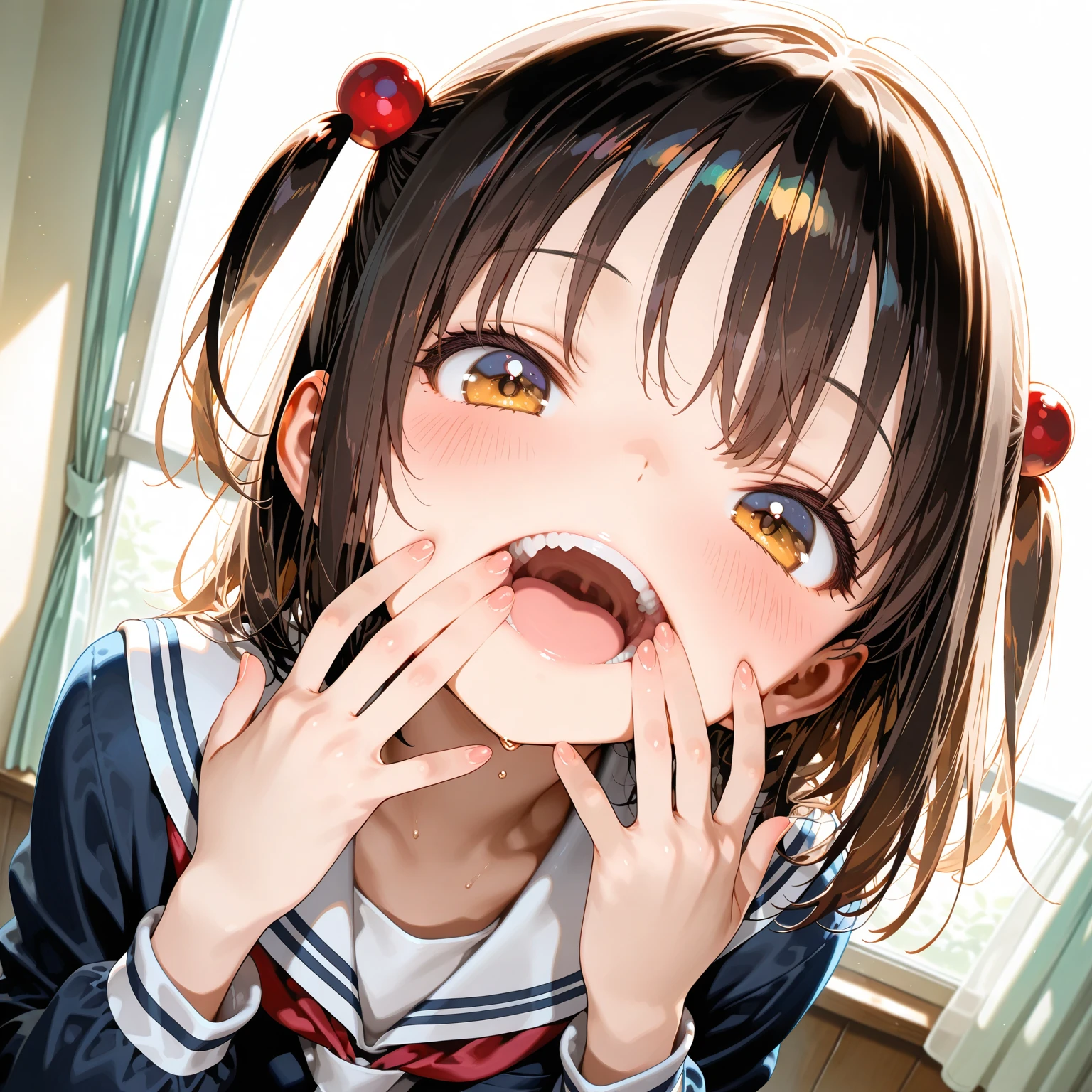 ((One woman is kneeling and giving an open-mouthed blowjob:1.4)), ((Browsing Caution:1.4, masterpiece, highest quality, High resolution, 超High resolution, Perfect Pixel, Depth of written boundary, 4K, RTTX 10.0, High resolution))), (One woman:1.3), Beautiful Anime Women, Beautiful art style, Anime characters, ((Long Hair, bangs, Dark brown hair, Twin tails)), ((Beautiful eyelashes)), ((Detailed face, Blushing:1.2)), ((Smooth texture:0.75, Realistic texture:0.5, Anime CG Style)), ((Beautiful and large breasts)), Perfect body, Slender body, (Amazingly beautiful girl), (School classroom:1.3), ((Brown cardigan, White shirt, Checked Skirt, Red ribbon at neck), (Open your mouth wide:1.5), ((sleepy, close your eyes:1.2)), ((cute, Sighing expression)), Breathe with your shoulders, sexual pleasure expression, Holding in pee、Patience is the limit、On the brink of climax, (Perfect Anatomy, Perfect number of arms, Perfect hands)、(cum on face:1.5), A 'Phew' sound, Surprised expression, Angle from above right