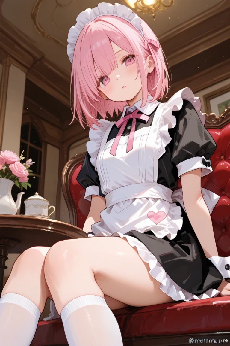 masterpiece, best quality, ultra-detailed, illustration, epic lighting, cinematic composition, <lora:Ram_ReZero_v1_2:0.8> 1girl, ram_rezero, cute, chibi, piercing gaze, pink hair:1.1, short hair, (hair over one eye:1.3), red eyes:1.2, roswaal mansion maid uniform, apron, (white pantyhose:1.2), looking at viewer, upper body, angry, annoyed, disgusted, glaring, simple background, (8k:1.1), <lora:korukoruno:0.5>