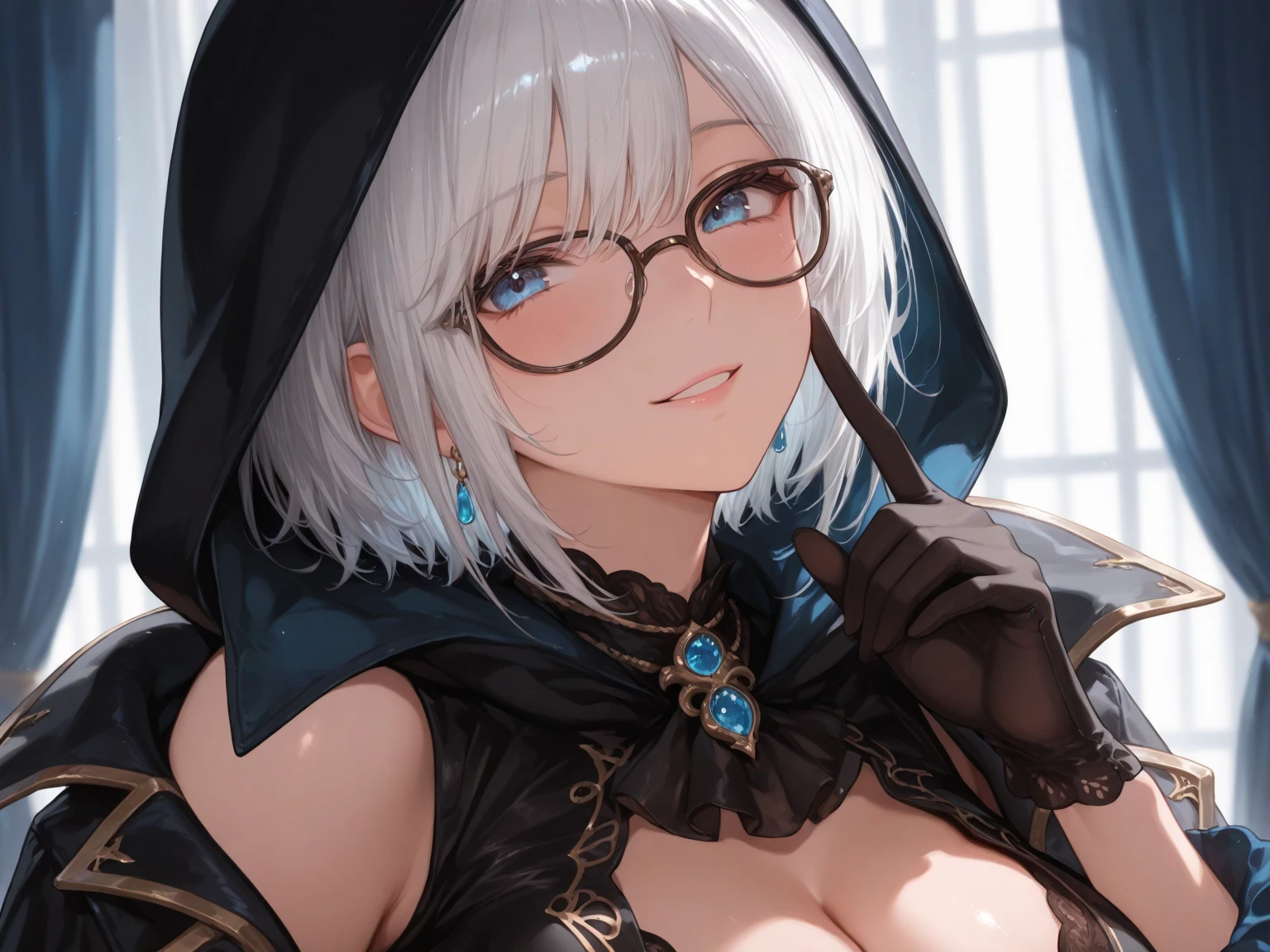 (Best Quality)), ((Best Masterpiece)), (Details: 1.4),32k,Best Anime,Sharpness,Best Wallpaper,Light Manipulation:0.9,(Sage),Smiling,Library,(Indestructible Perfect Anatomy),(Beautiful eyes with detailed detail, shiny black),(Beautiful Chic Robes with Detailed Detail:1.1),(Glossy Short Hair:1.4),Cap,Sparkling Light:0.7, Rimless glasses: 1.2, holding ancient documents, quill pen, inkwell