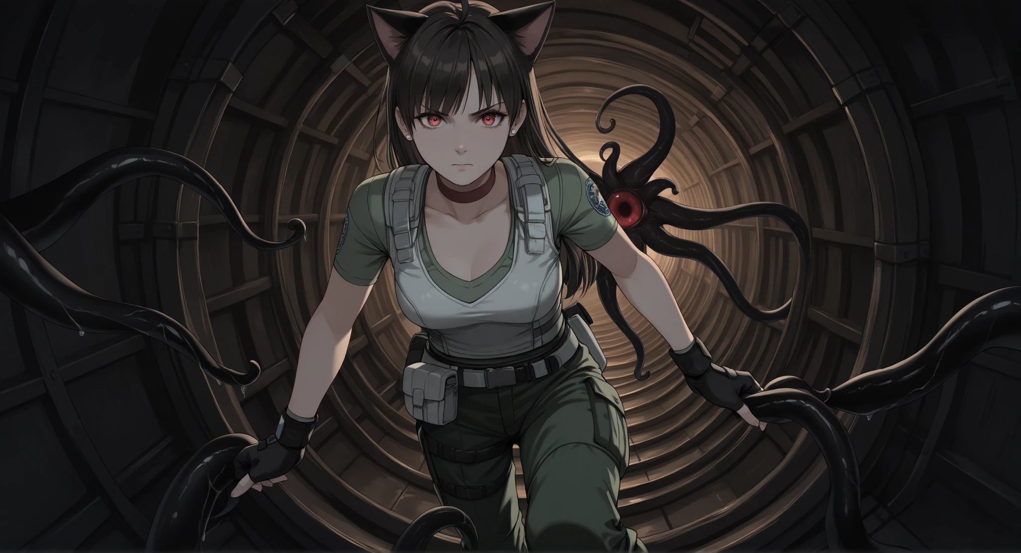 Rebecca Chambers from resident evil, masterpiece, best quality, 1girl, solo, rbchm, ((cat girl, cat black ears)), (red eyes), (long hair), (( black hair, (Ahoge), straight bangs,)), , with a black off-shoulder blouse,short black skirt,, stud earrings, red choker, white vest, green shirt, short sleeves, belt, belt pouch, fingerless gloves, black gloves, green pants, cargo pants, upper body, looking at viewer, medium breasts, (On a metal load platform climbing through a tunnel, in the center a monster made of larvae and black tentacles, dark theme, serious face, indoors, metal floor)