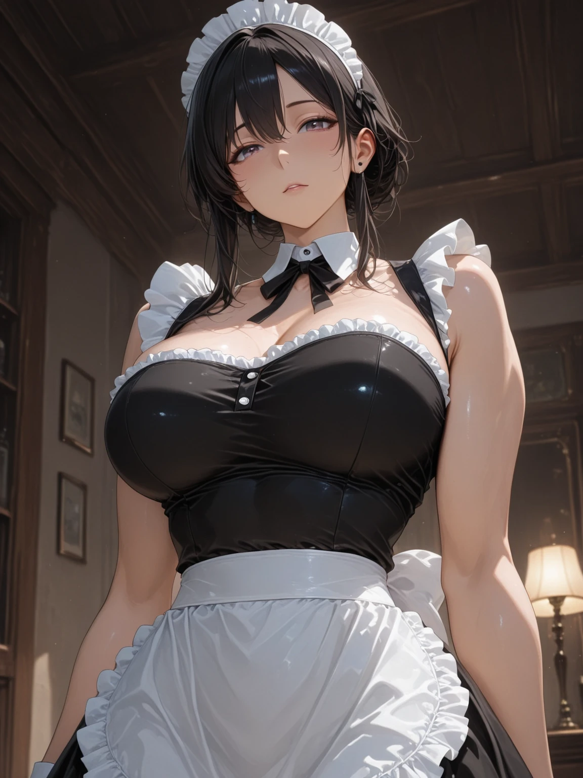 (masterpiece), best quality, Ultra Detailed, Perfect hands, Perfect legs, Delicate eye expression, 1 girl (gather_Yaori, Sexy, 丰满Sexy身材, Huge breasts(((Cleavage))))8k, Wide hips,, Long hair, (Empty eyes)), Expressionless,open mouth, solitary, nude, whole body,maid(Black, mini skirt),maid headdress, skirt lift, at midnight, 客厅Walk廊(hidden, Only candles are glowing), Walk,High heel,Sexy waist teasing,