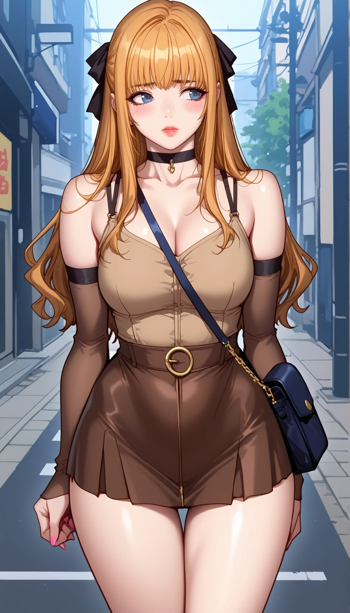 (PONY XL) Liya - FITNESS [ MANHWA], gorgeous pretty adult woman with orange-blonde long hair, forehead hair bangs, big blue eyes, fair natural skin, pink nails, small yet slightly plump breasts, small waist, plump light-red lips, and a perfect slender body. She's wearing a skimpy tight mid-riff waist revealing brown top with spaghetti straps and a U-neckline with two threads crossing over the breasts, a choker, one hair ribbon, separate long tight brown sleeves, and a separate waist-revealing mini short sexy tight brown skirt. She's standing on a street, hands joined low in front of her skirt, carrying one strappy purse over one shoulder, shyly blushing expression, looking to the side. Show from her head to knee, SOLO, and super hyper-detailed.